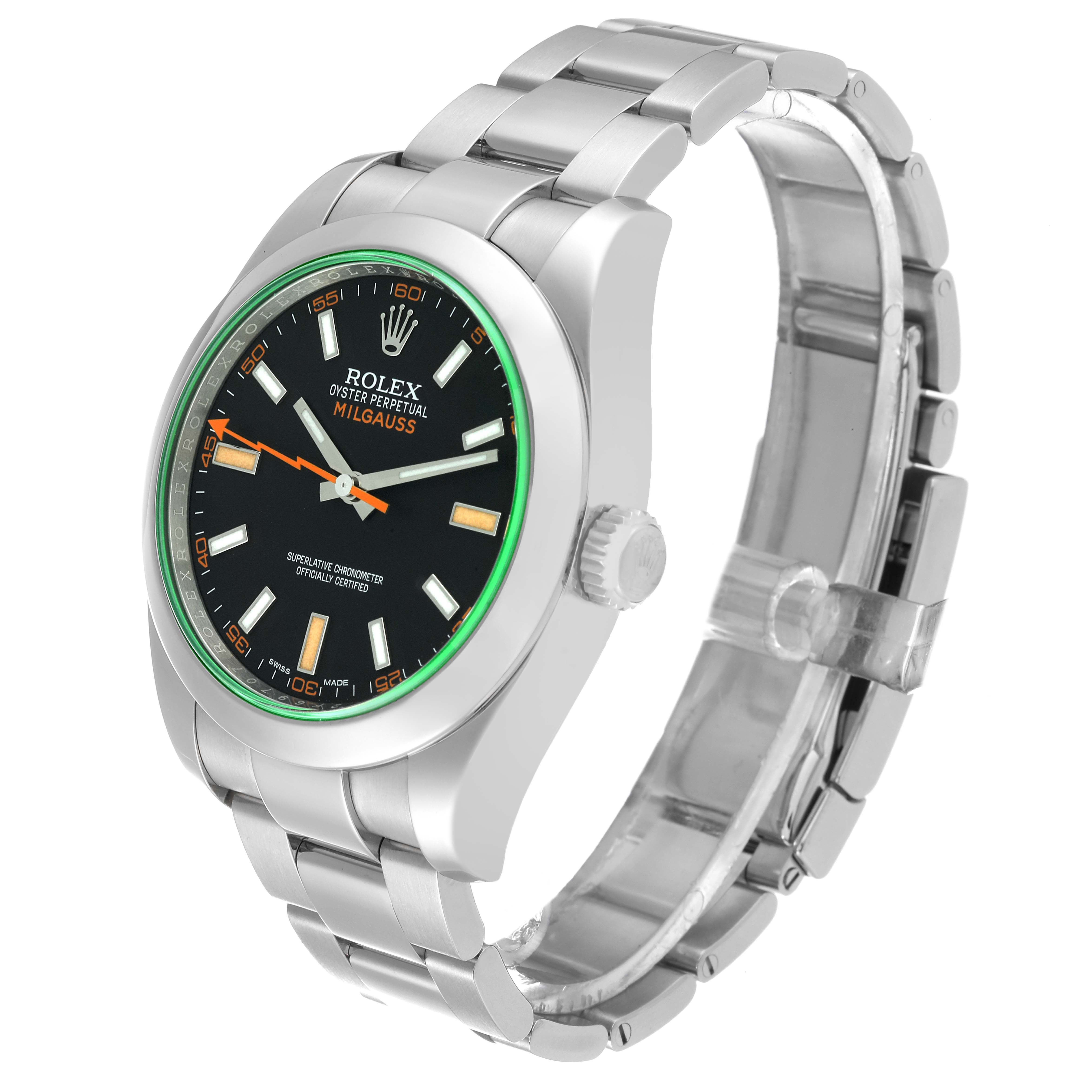 The Rolex Milgauss 116400 Men's Stainless Steel Black Dial 116400 Men's Stainless Steel Black Dial watch is shown at an angled side view, displaying its face, crown, and metal bracelet.