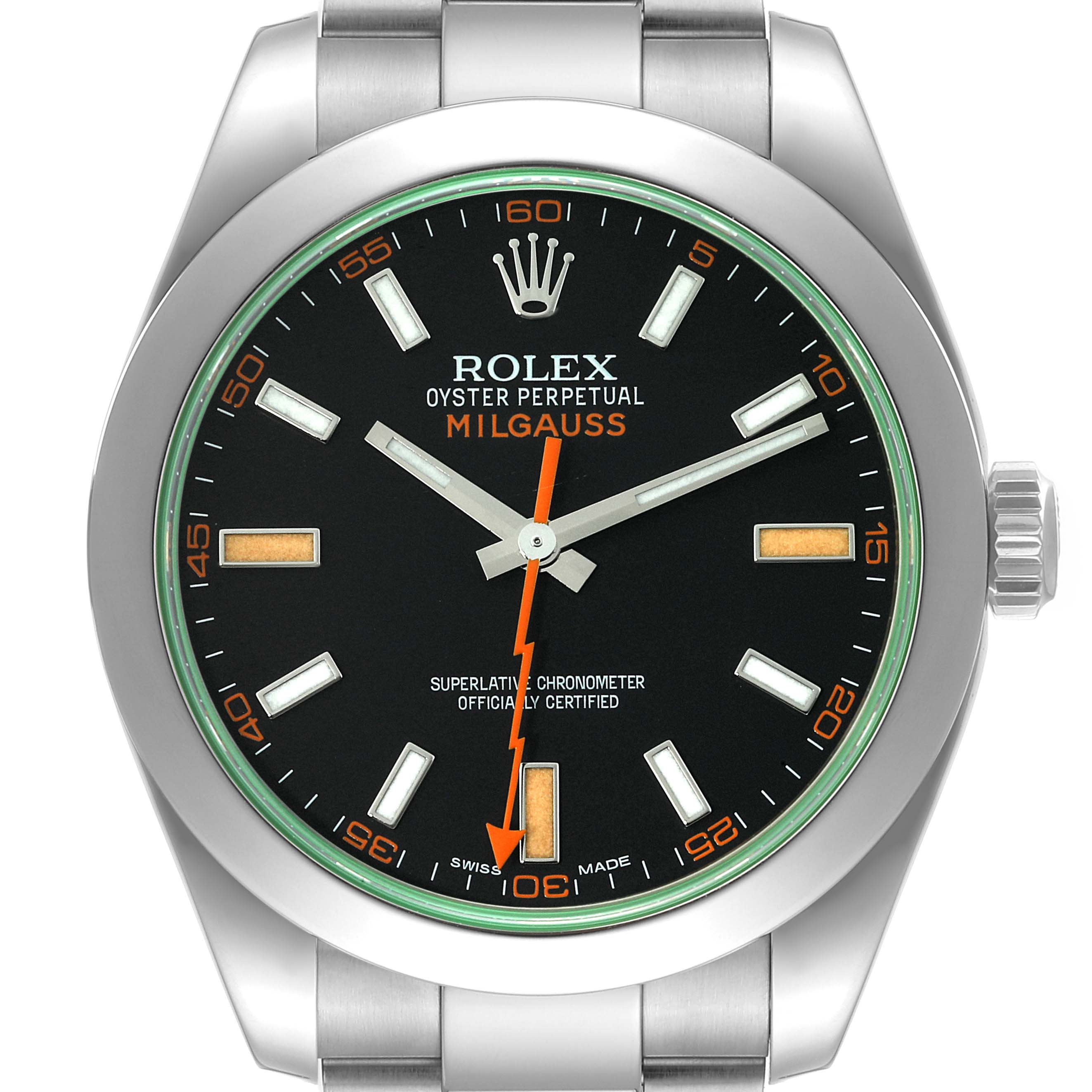 This image shows the front view of a Rolex Milgauss 116400 Men's Stainless Steel Black Dial 116400 Men's Stainless Steel Black Dial watch, highlighting its dial, bezel, and part of the bracelet.