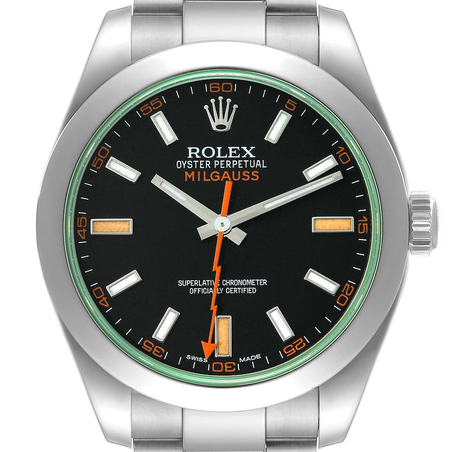 This image shows the front view of a Rolex Milgauss watch, highlighting its dial, bezel, and part of the bracelet.