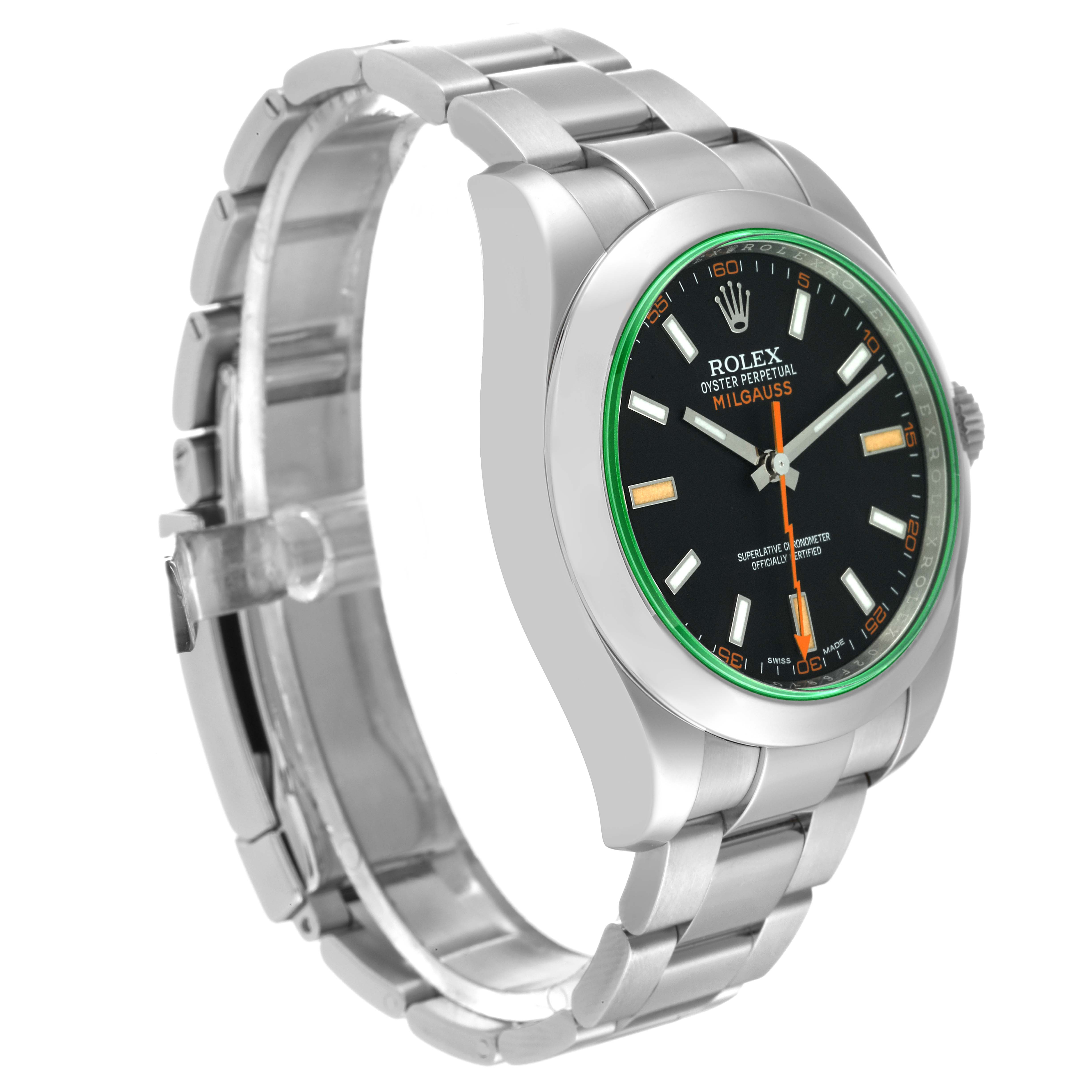 The Rolex Milgauss 116400 Men's Stainless Steel Black Dial 116400 Men's Stainless Steel Black Dial watch is shown at a tilted side-view angle, highlighting the face, bezel, and bracelet.