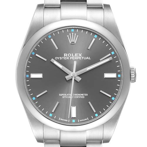 The Rolex Oyster Perpetual 114300 Men's Stainless Steel Grey Dial watch is shown from a frontal angle, displaying its face, bezel, and bracelet.