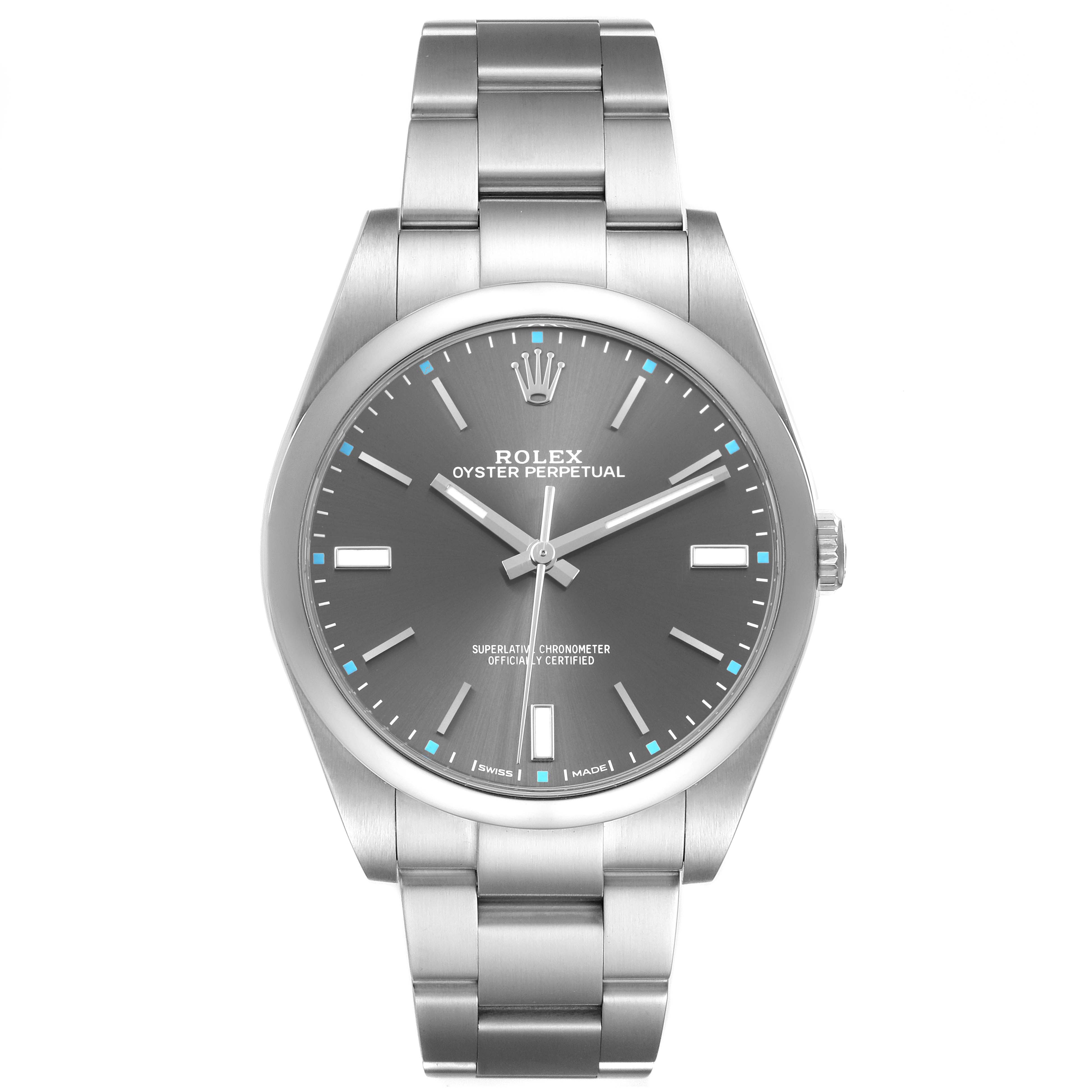 The Rolex Oyster Perpetual 114300 Men's Stainless Steel Grey Dial watch is shown from a front angle, highlighting the face, bracelet, and bezel.
