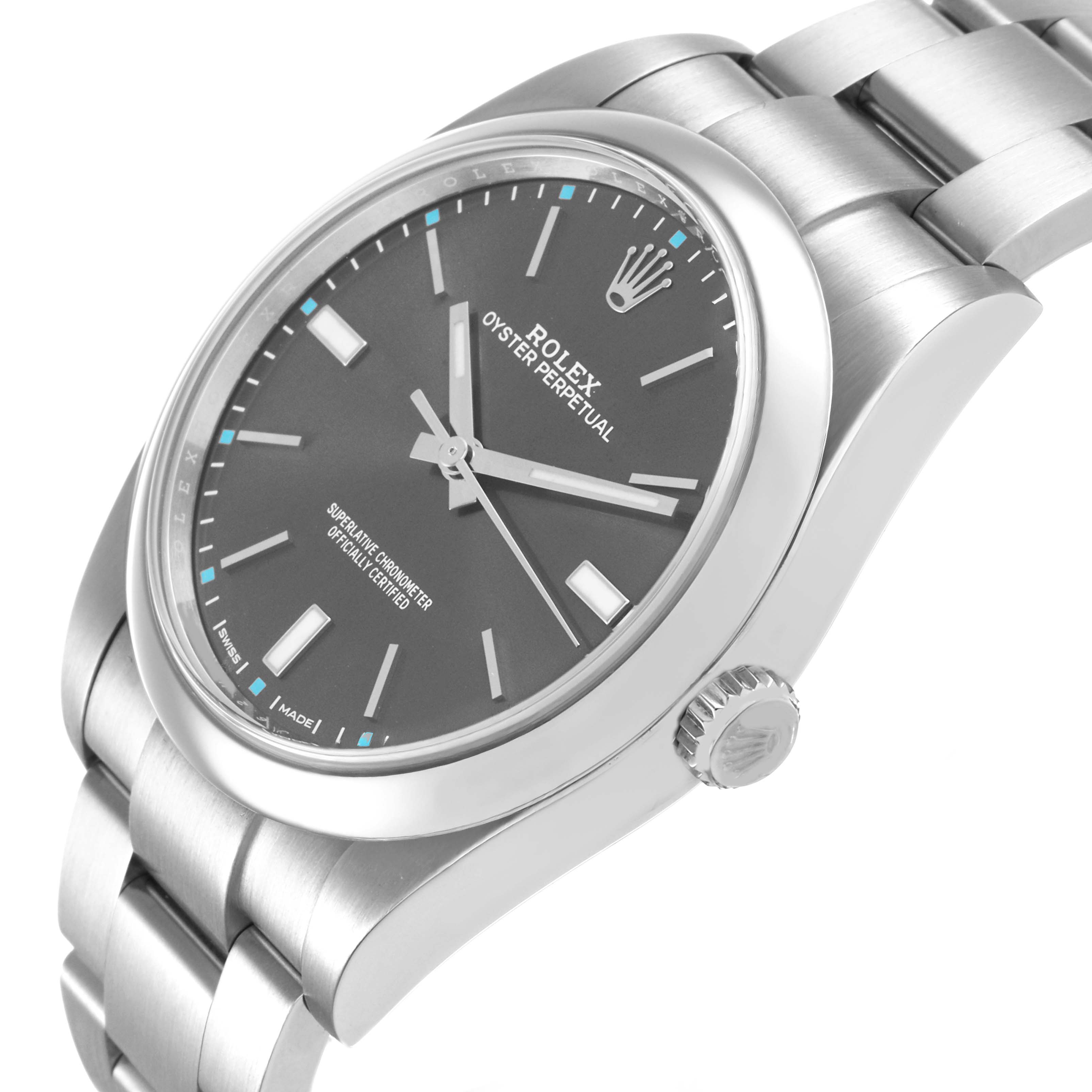 The image shows a Rolex Oyster Perpetual 114300 Men's Stainless Steel Grey Dial watch at an angle highlighting the dial, crown, and part of the bracelet.
