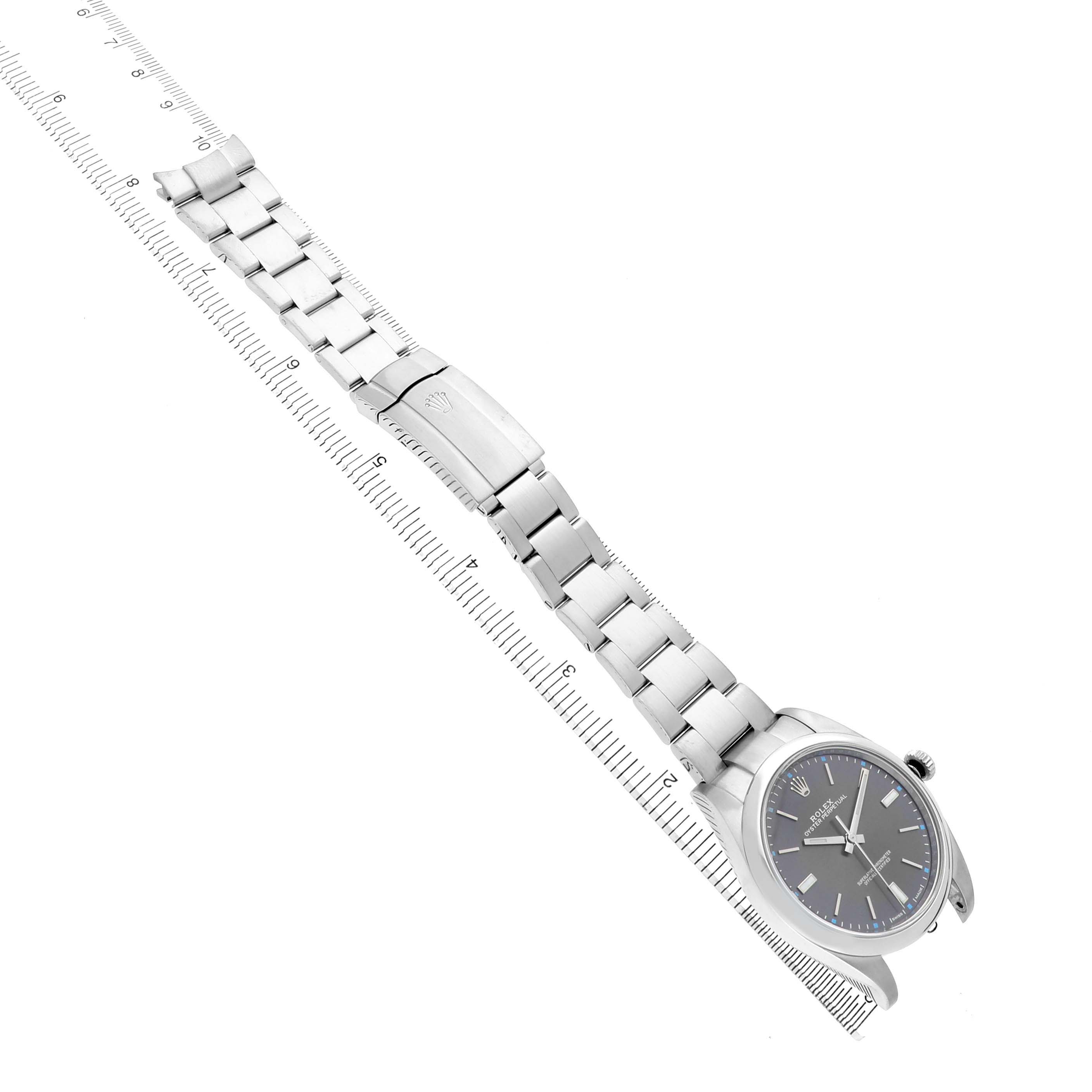 The Rolex Oyster Perpetual 114300 Men's Stainless Steel Grey Dial watch is shown at an angled top view, displaying the full bracelet, clasp, and face.