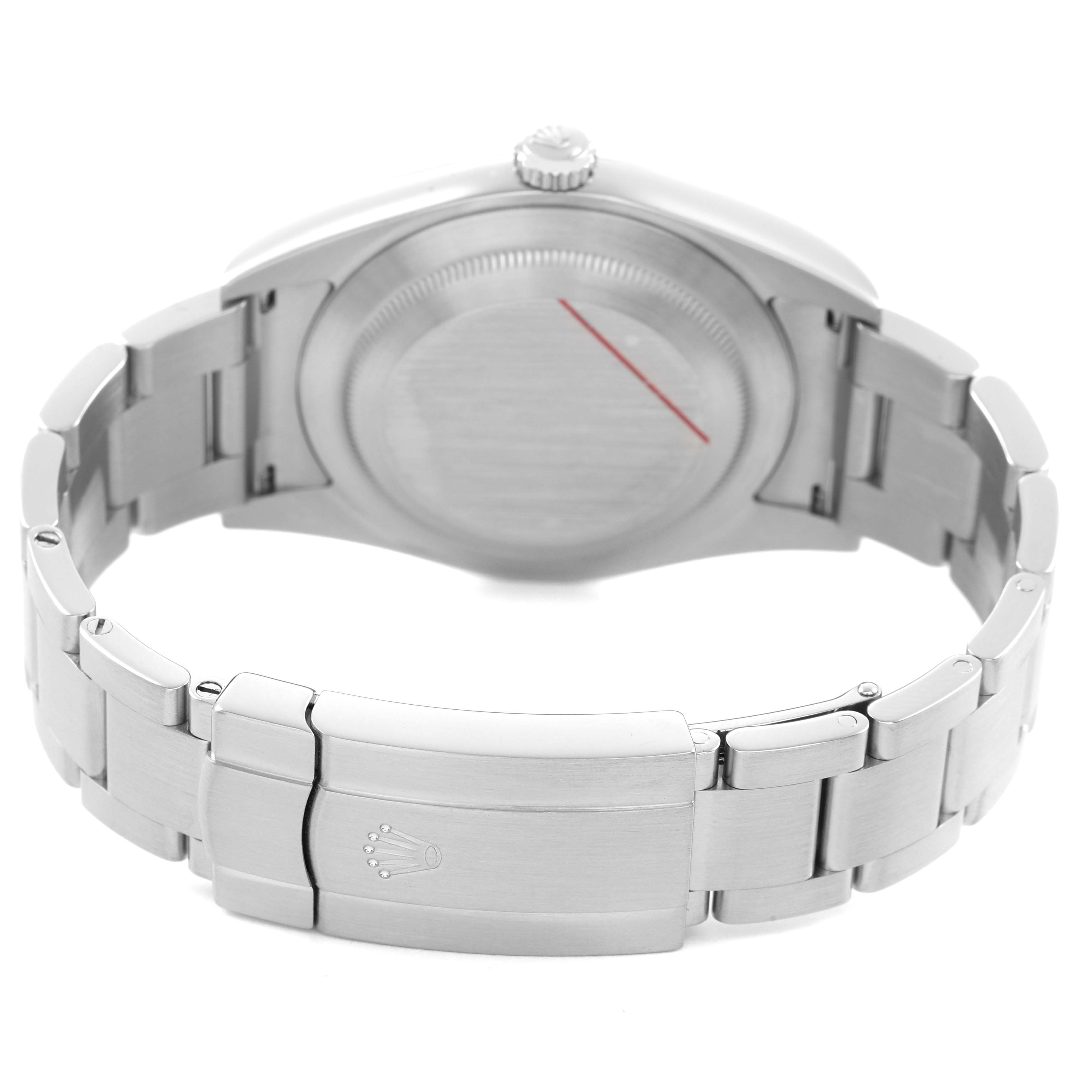The image shows the back view of a Rolex Oyster Perpetual 114300 Men's Stainless Steel Grey Dial watch, featuring the stainless steel bracelet and clasp.