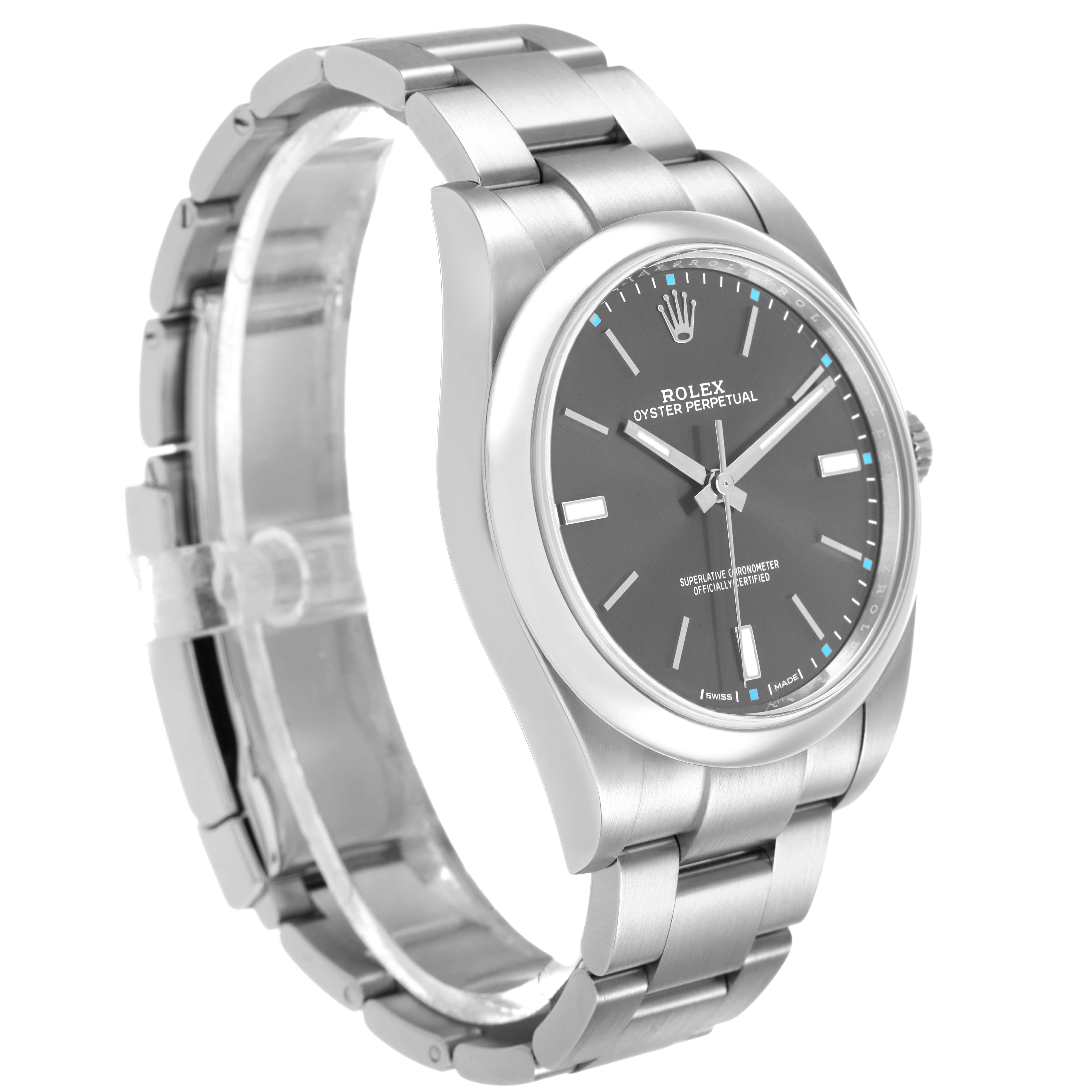 The Rolex Oyster Perpetual 114300 Men's Stainless Steel Grey Dial watch is shown at a three-quarter angle, highlighting the stainless steel case, dial, and bracelet.