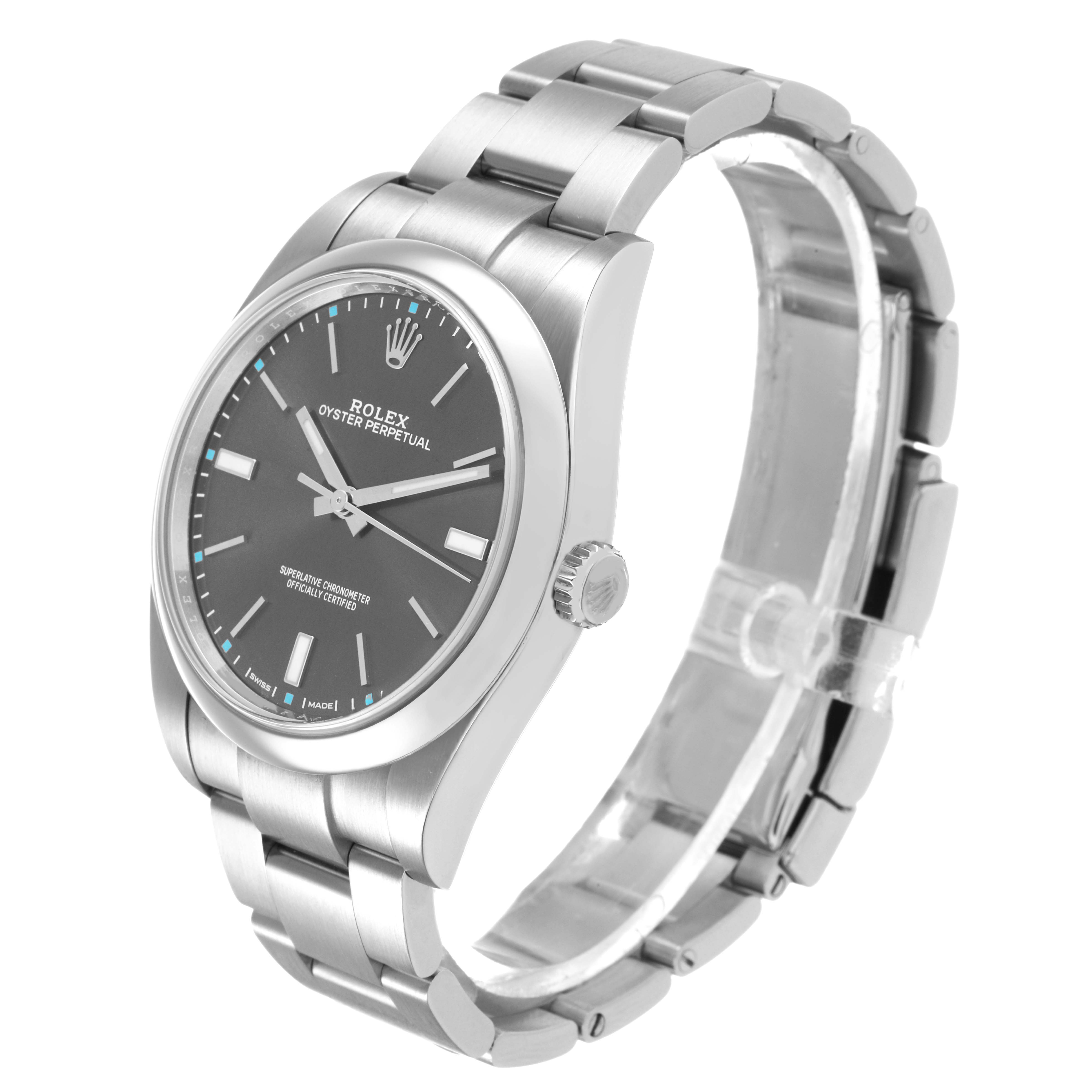 The Rolex Oyster Perpetual 114300 Men's Stainless Steel Grey Dial watch is shown at a three-quarter angle, displaying the face, crown, and bracelet.