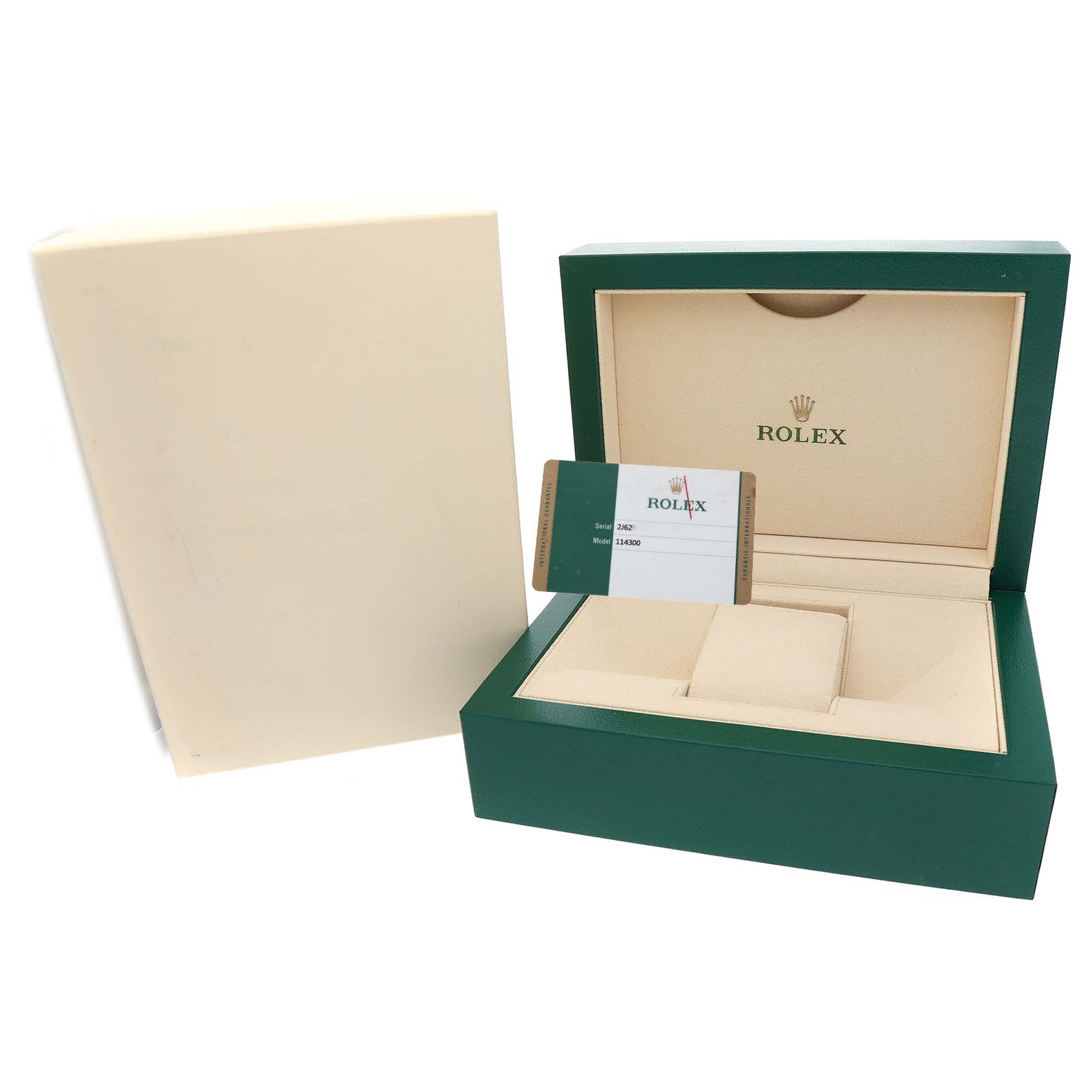 The image shows an open Rolex Oyster Perpetual 114300 Men's Stainless Steel Grey Dial box with a beige interior and an info card standing up.