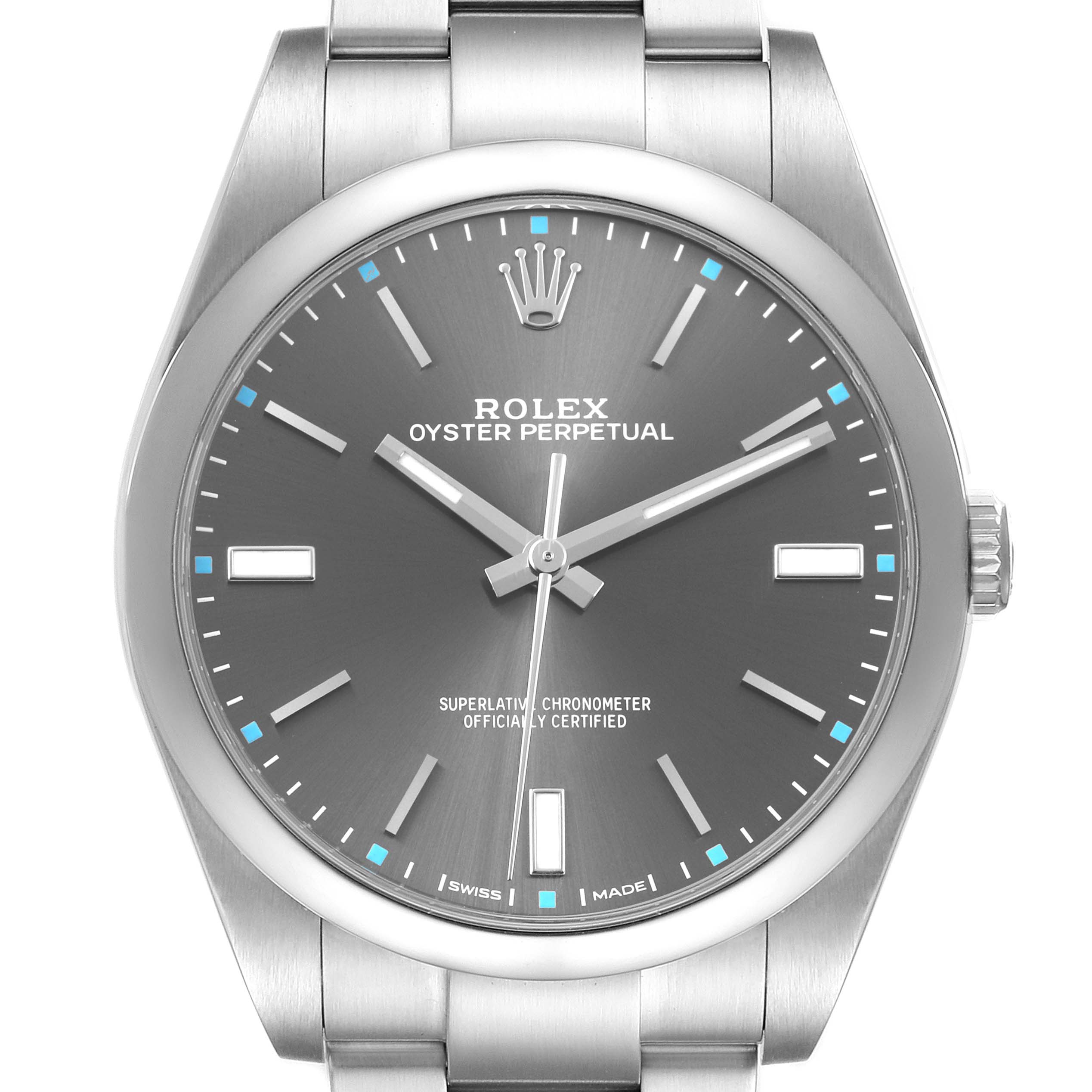 The image shows a front view of the Rolex Oyster Perpetual 114300 Men's Stainless Steel Grey Dial watch, focusing on the dial and bezel.