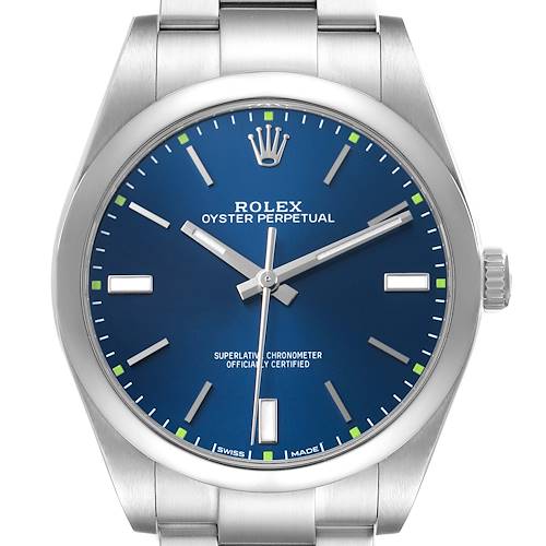 The Rolex Oyster Perpetual 114300 Men's Stainless Steel Blue Dial watch is shown from the front, highlighting its blue dial, hour markers, and case.