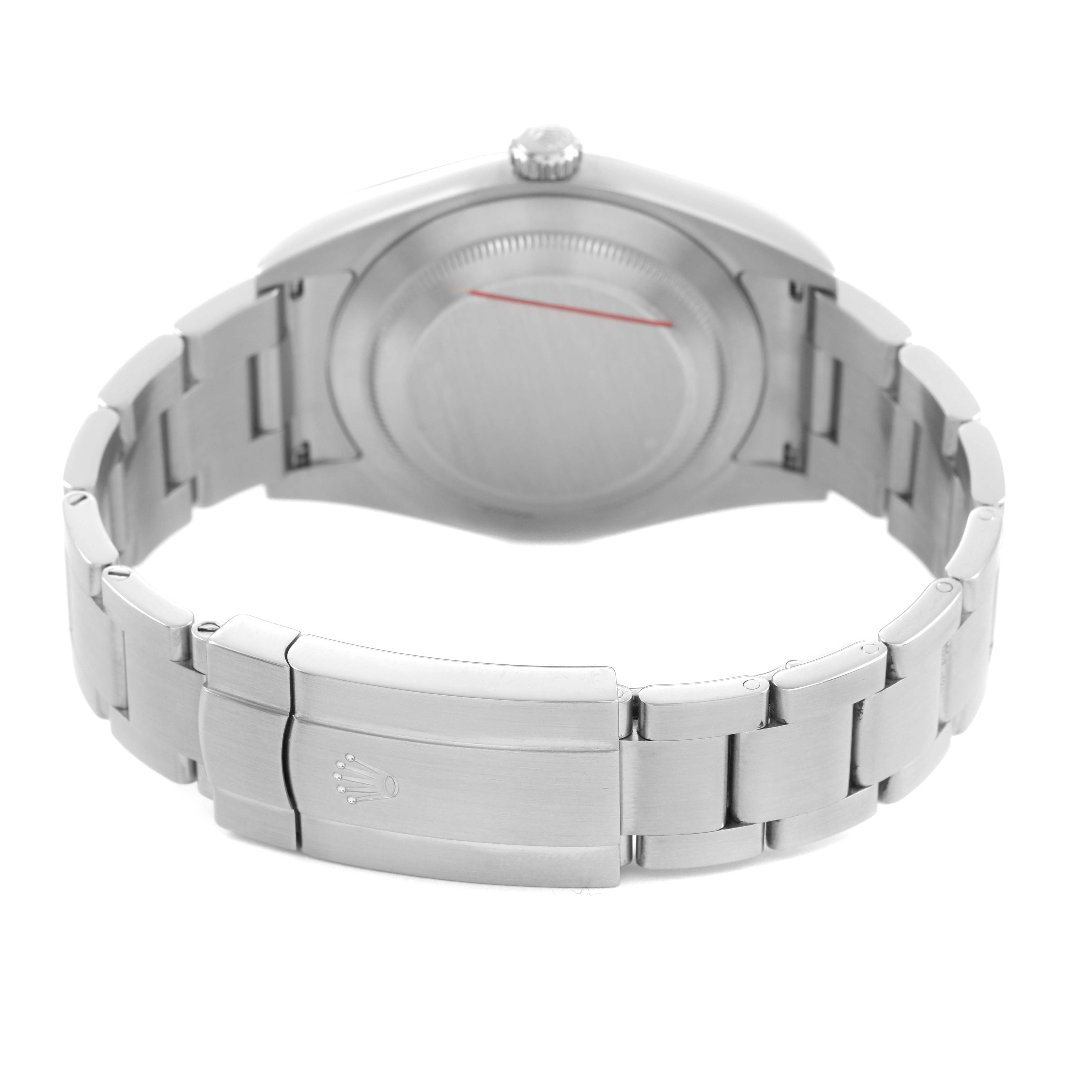 The image shows the back view of a Rolex Oyster Perpetual 114300 Men's Stainless Steel Blue Dial watch, highlighting the clasp, bracelet, and case back.