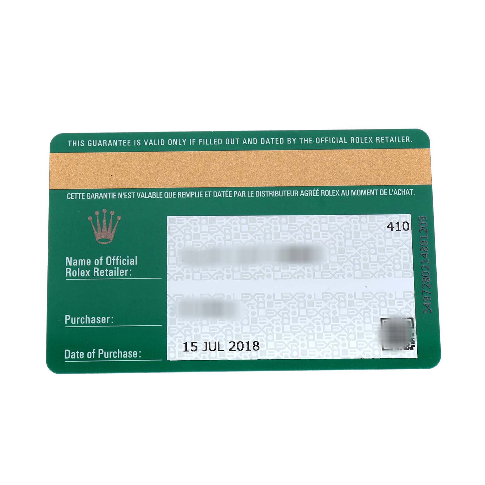 This image shows a warranty card for a Rolex Oyster Perpetual 114300 Men's Stainless Steel Blue Dial watch, featuring purchase details and brand logo.