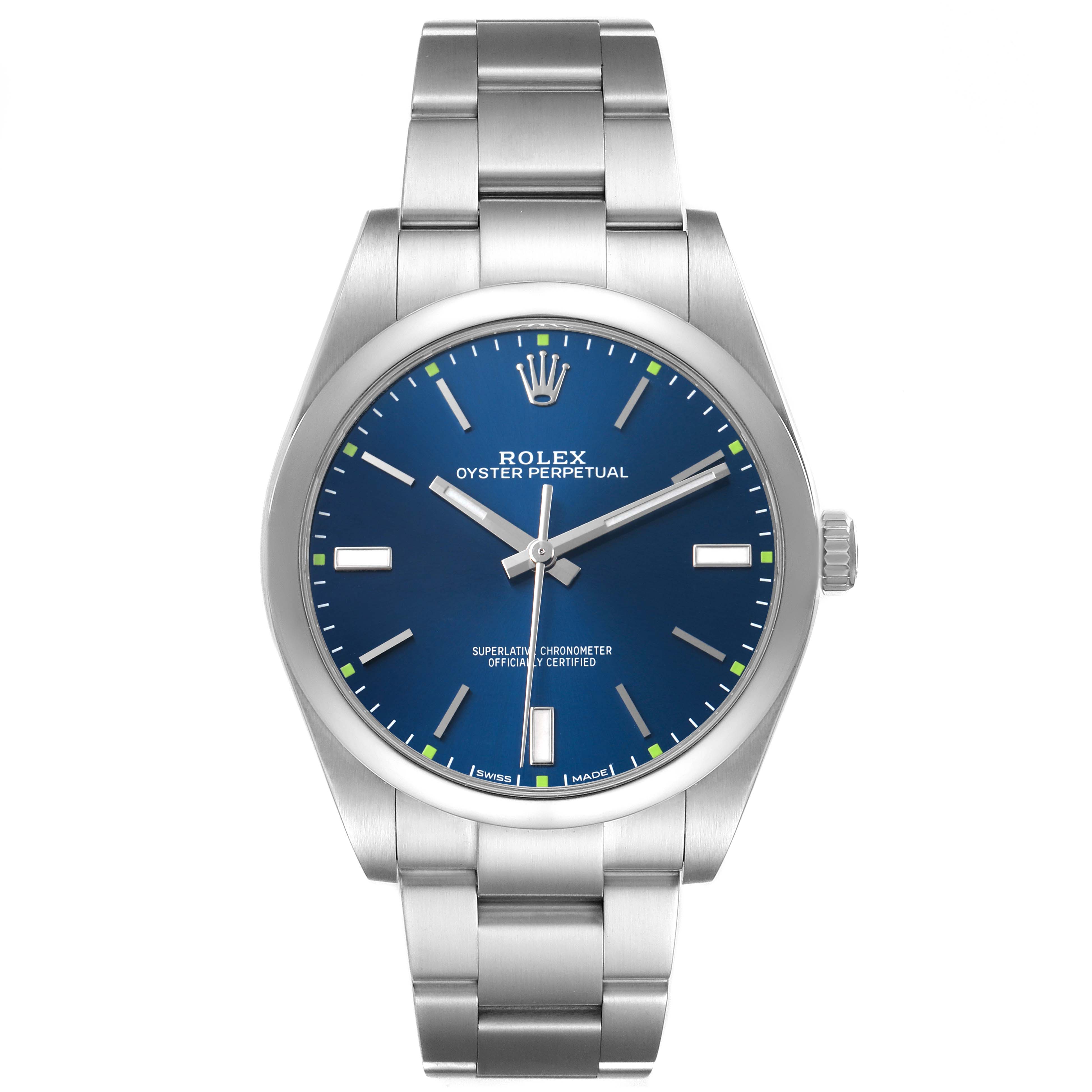 The Rolex Oyster Perpetual 114300 Men's Stainless Steel Blue Dial watch is shown from the front, displaying the bracelet, crown, and blue dial.