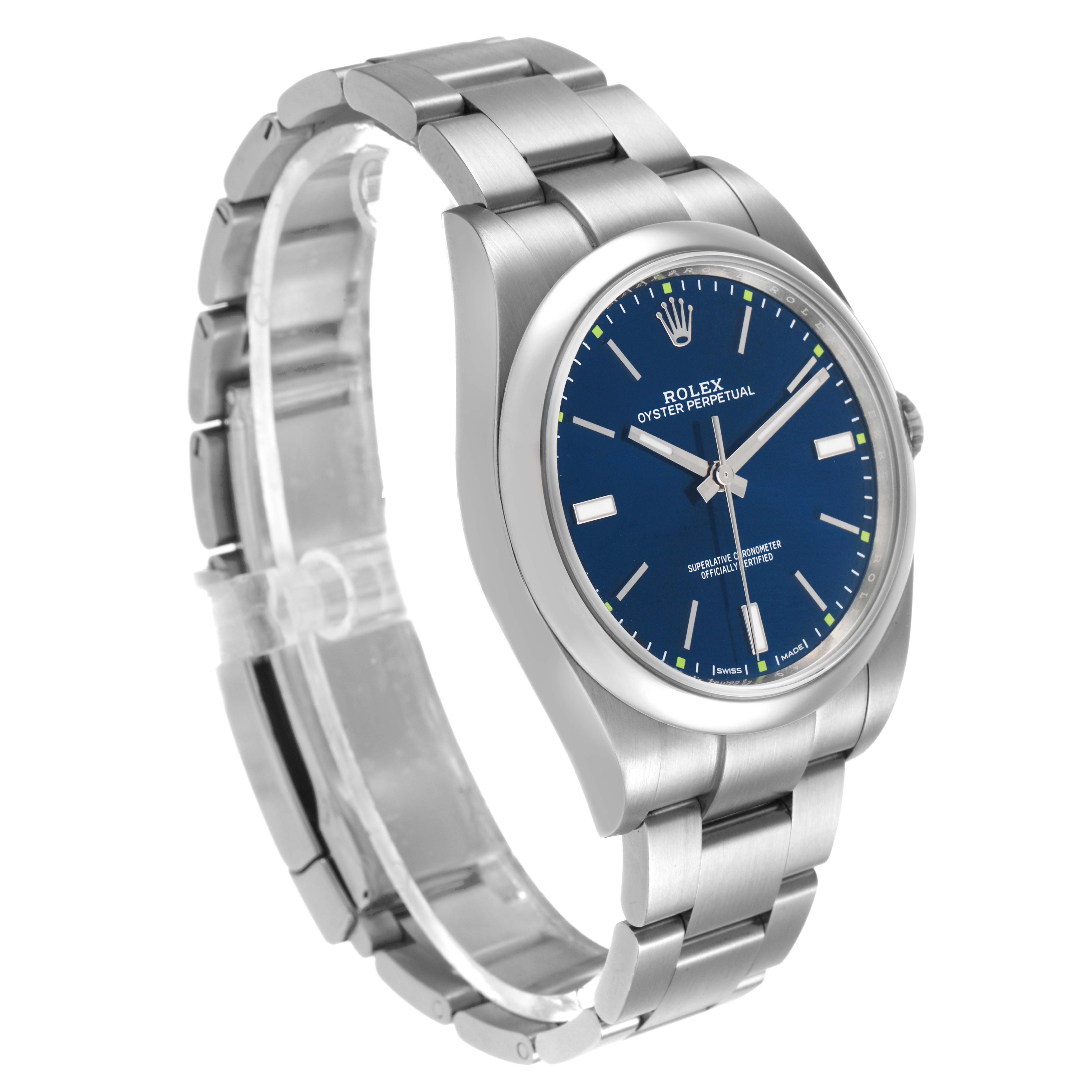 The Rolex Oyster Perpetual 114300 Men's Stainless Steel Blue Dial watch is shown from a three-quarter angle, highlighting the blue dial, case, and bracelet.