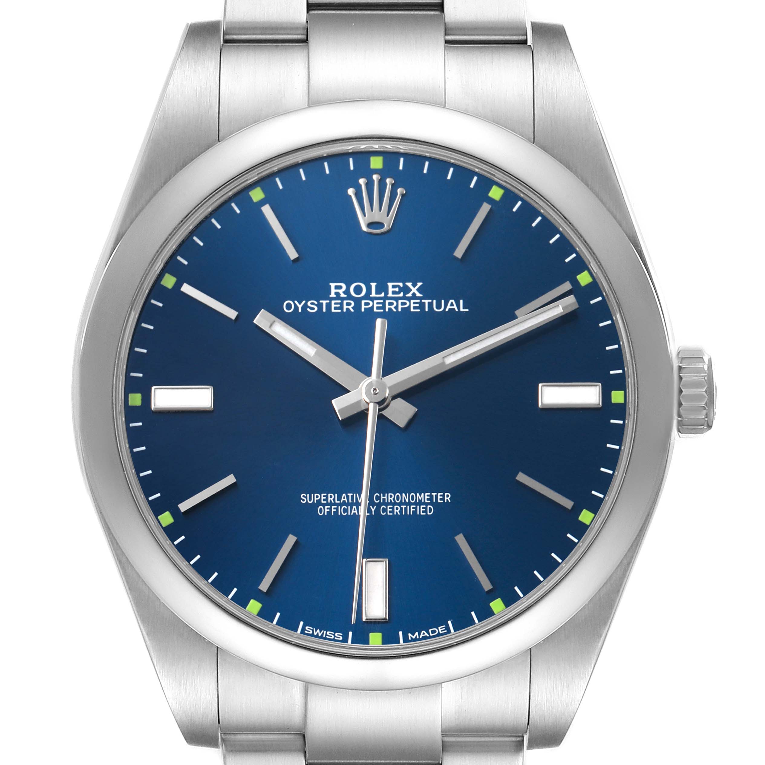 The image shows a frontal view of the Rolex Oyster Perpetual 114300 Men's Stainless Steel Blue Dial watch, highlighting the blue dial and silver indices.