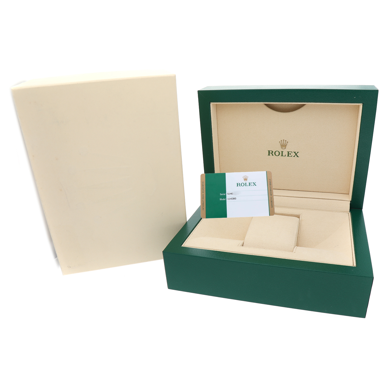 The image shows an open Rolex Oyster Perpetual 114300 Men's Stainless Steel Blue Dial box with a warranty card, viewed from the front.