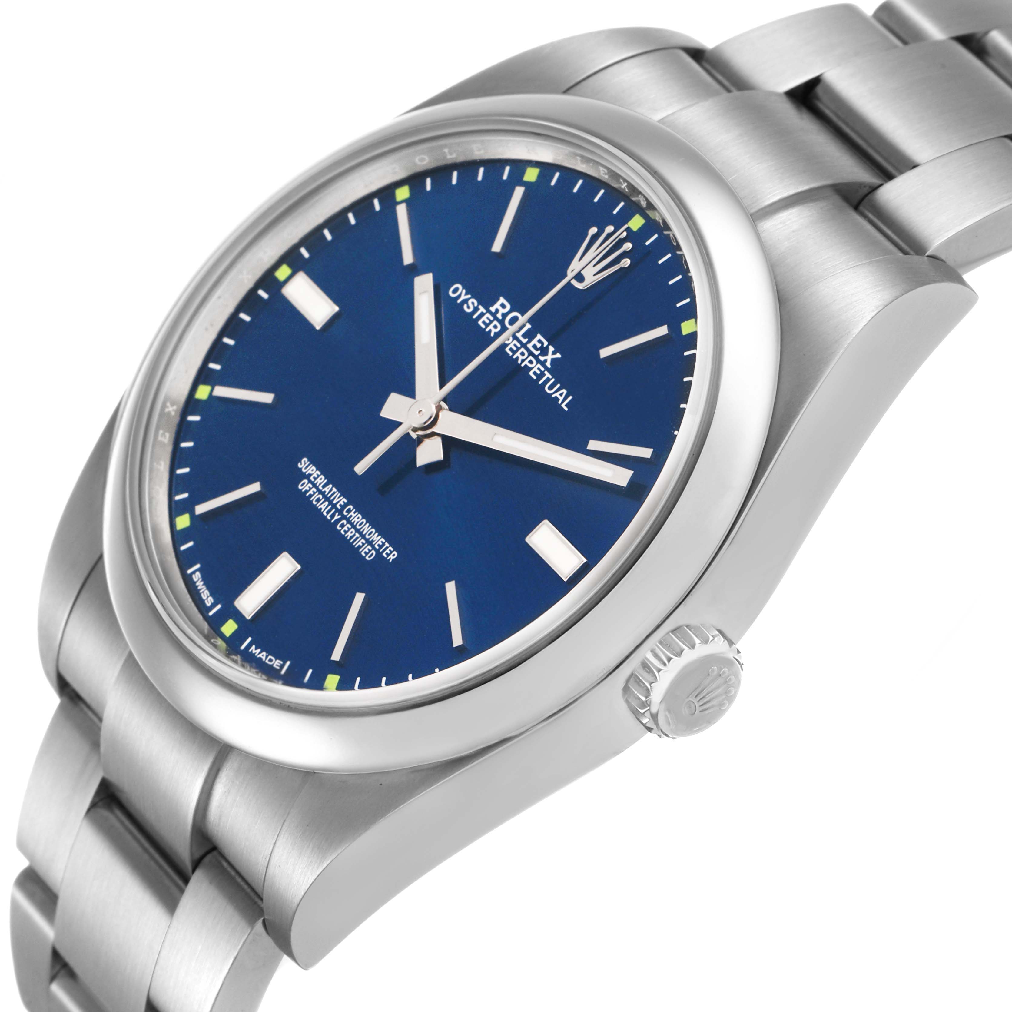 The Rolex Oyster Perpetual 114300 Men's Stainless Steel Blue Dial watch is shown at a slight angle, highlighting the blue dial, bezel, crown, and bracelet.