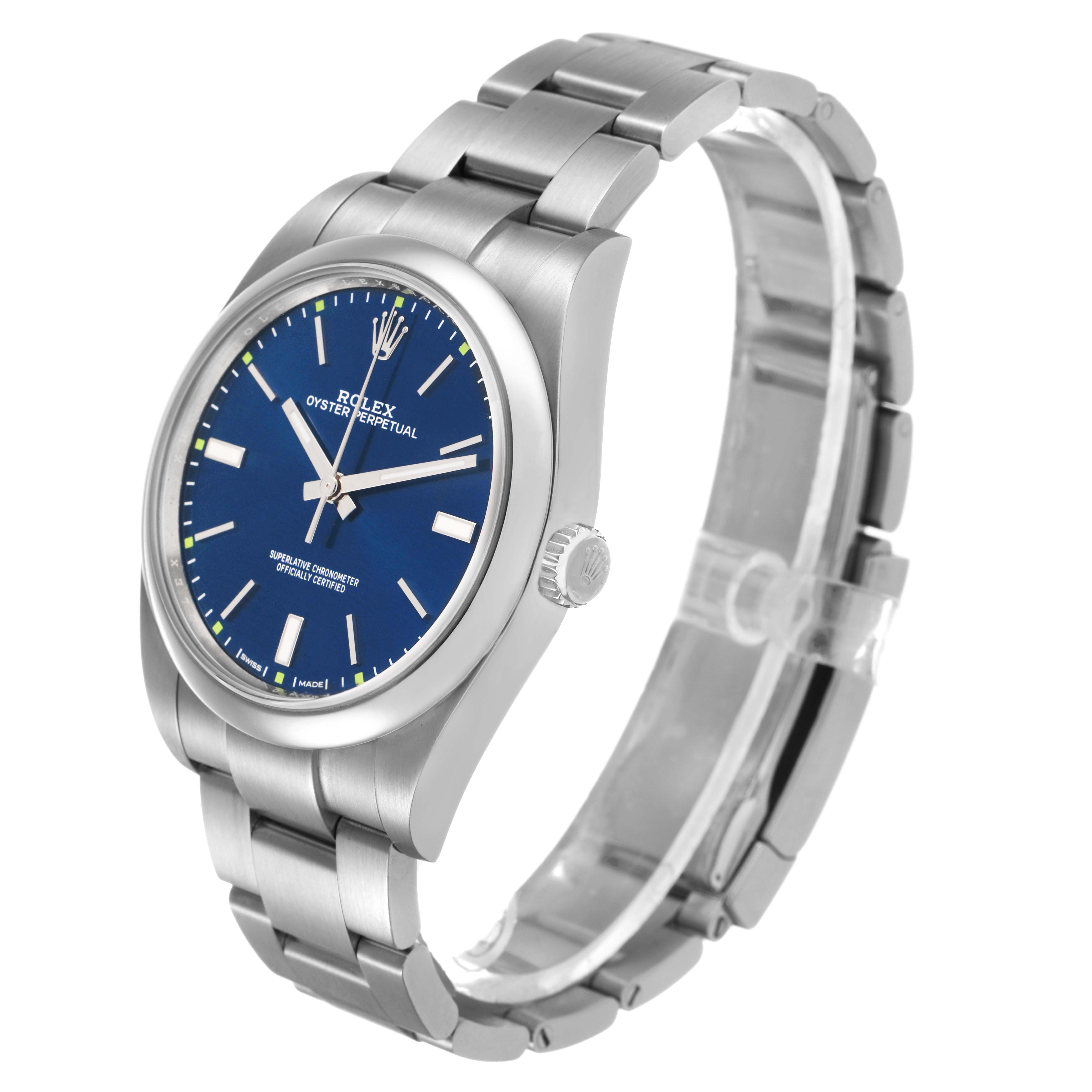 The Rolex Oyster Perpetual 114300 Men's Stainless Steel Blue Dial watch is shown at a three-quarter angle, displaying the dial, case, crown, and bracelet.