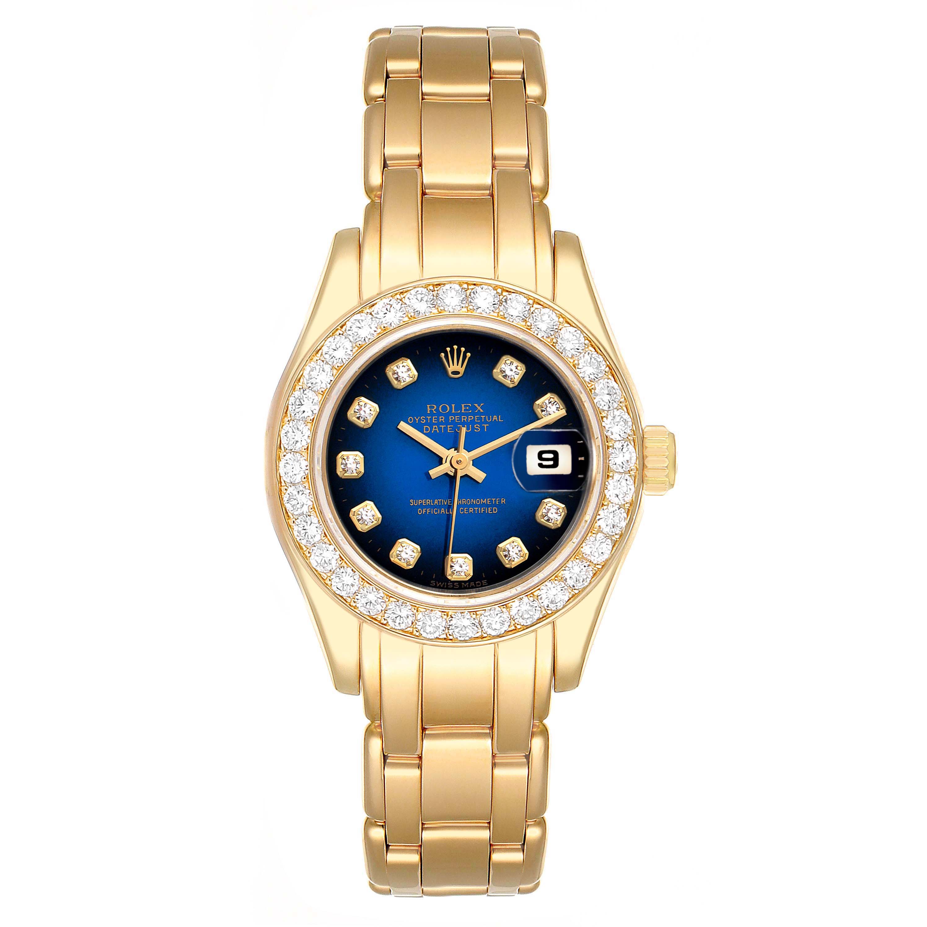 The image shows a front view of the Rolex Pearlmaster 69298 Women's Yellow Gold Blue Dial 69298 Women's Yellow Gold Blue Dial watch, highlighting its gold band, blue dial, and diamond-studded bezel.