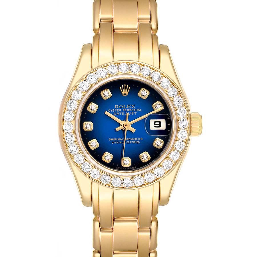 Rolex Pearlmaster Yellow Gold Blue Vignette Diamond Ladies Watch 69298 SwissWatchExpo