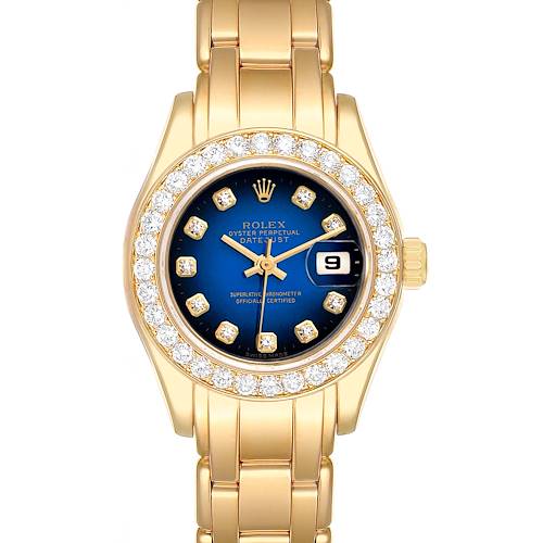 Photo of Rolex Pearlmaster Yellow Gold Blue Vignette Diamond Ladies Watch 69298