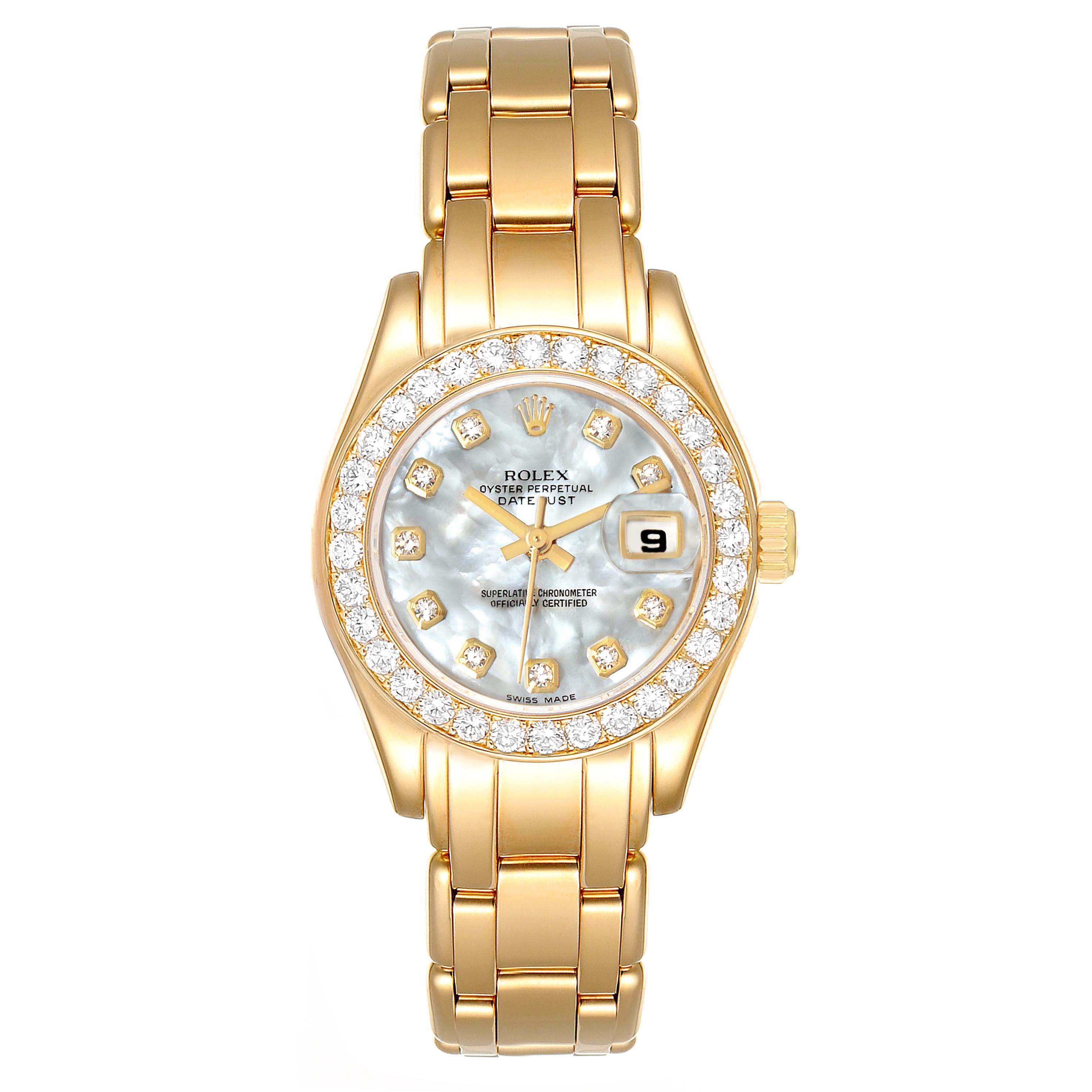 This image shows a front view of a Rolex Pearlmaster 69298 Women's Yellow Gold Mother of Pearl Dial 69298 Women's Yellow Gold Mother of Pearl Dial watch, showcasing the bezel, dial, date window, and bracelet.