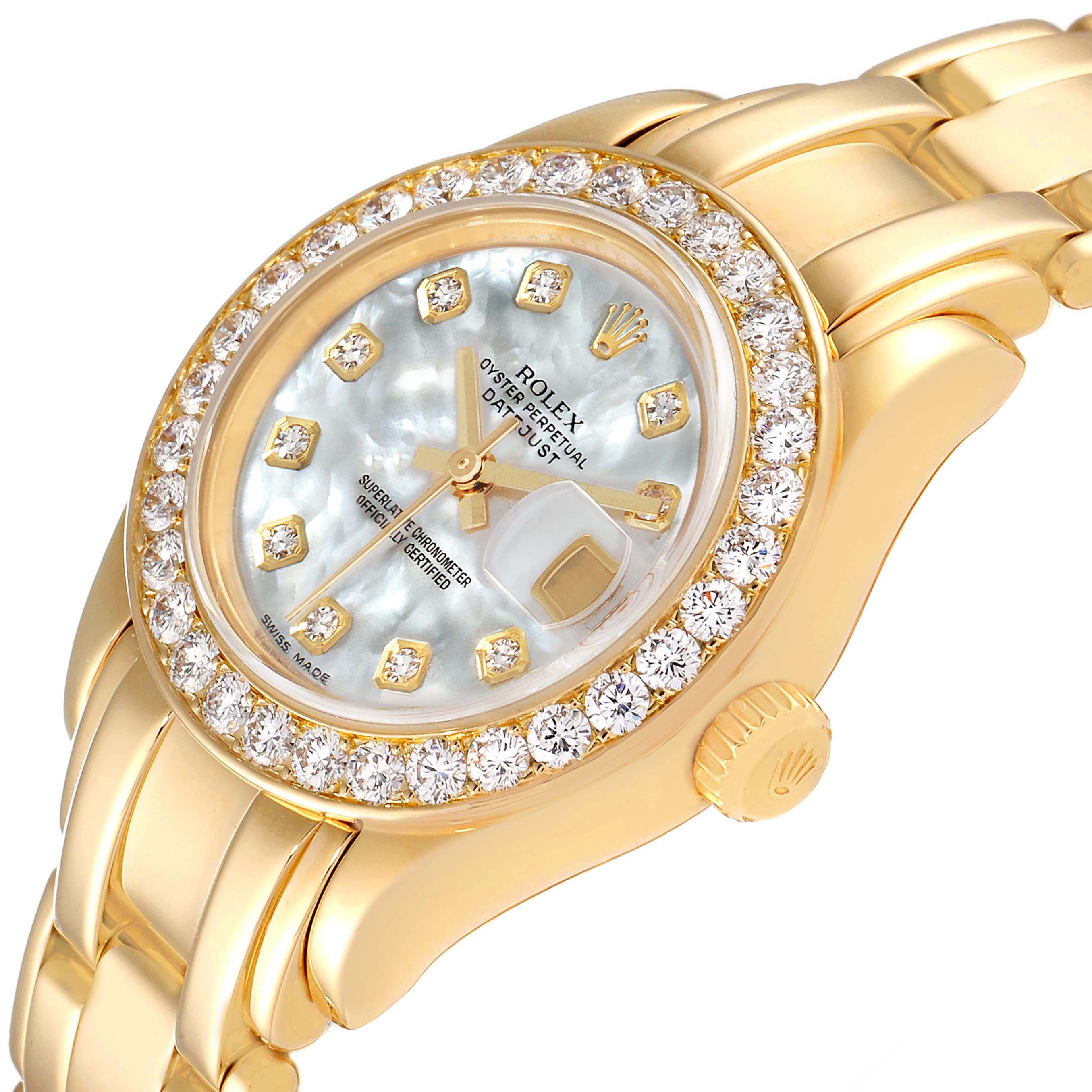 The image shows a close-up angle of the Rolex Pearlmaster 69298 Women's Yellow Gold Mother of Pearl Dial 69298 Women's Yellow Gold Mother of Pearl Dial watch, highlighting its gold band, diamond bezel, and mother-of-pearl dial.