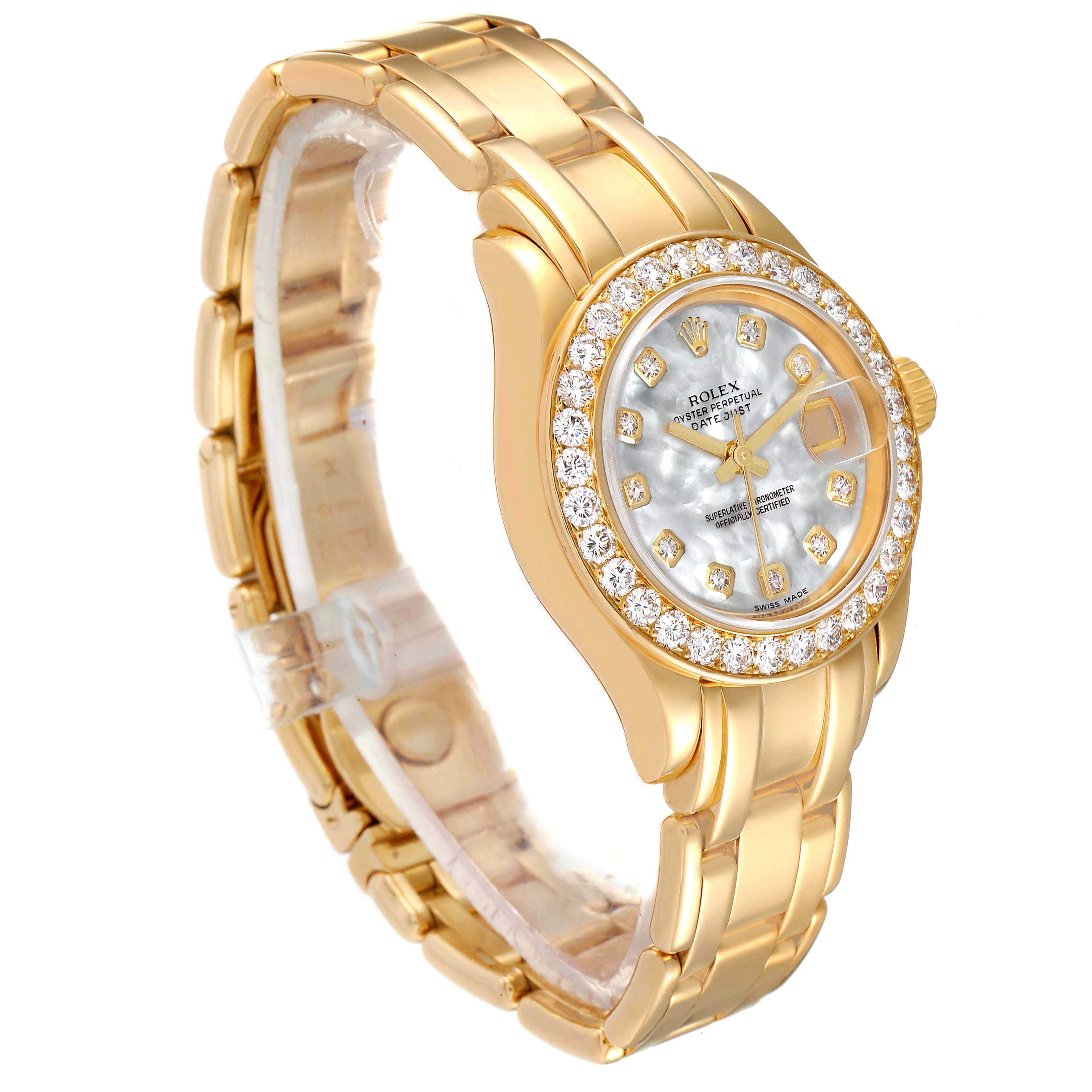The image shows a Rolex Pearlmaster 69298 Women's Yellow Gold Mother of Pearl Dial 69298 Women's Yellow Gold Mother of Pearl Dial watch at a slight angle, displaying the face, bezel, and part of the bracelet.