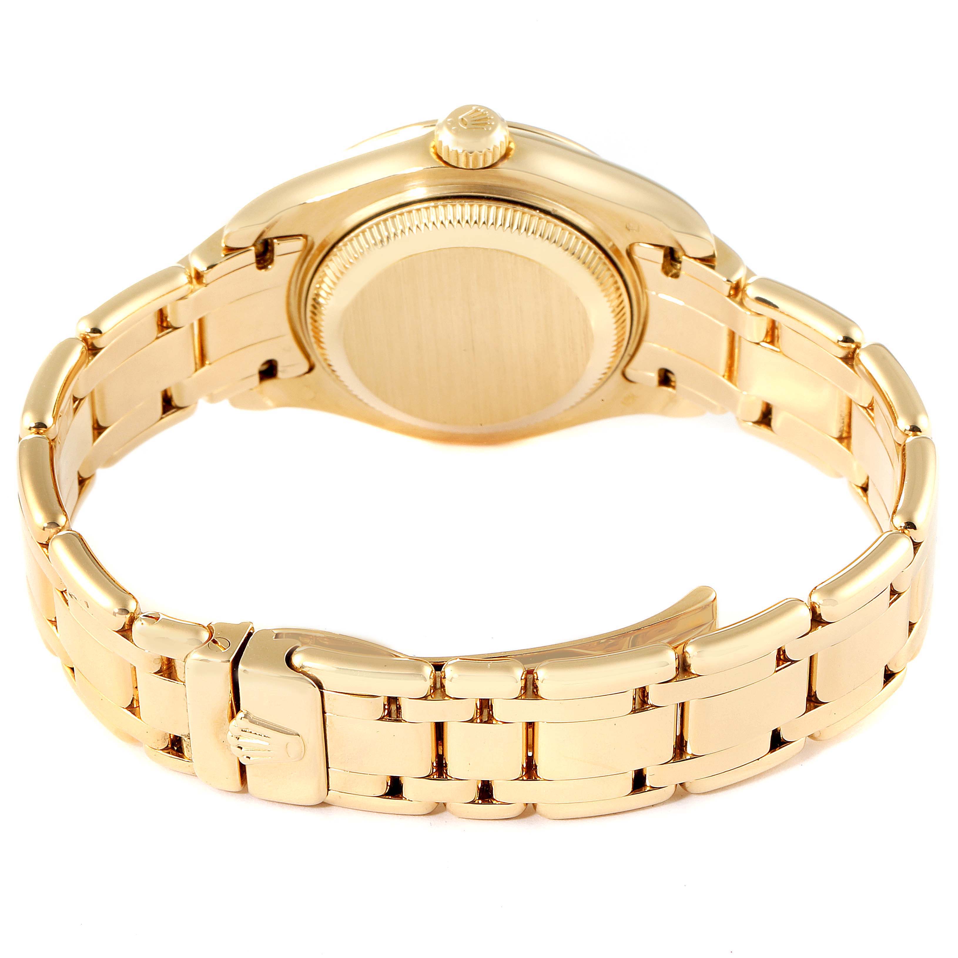 The image shows the back view of the Rolex Pearlmaster 69298 Women's Yellow Gold Mother of Pearl Dial 69298 Women's Yellow Gold Mother of Pearl Dial watch, focusing on the bracelet, clasp, and case back.