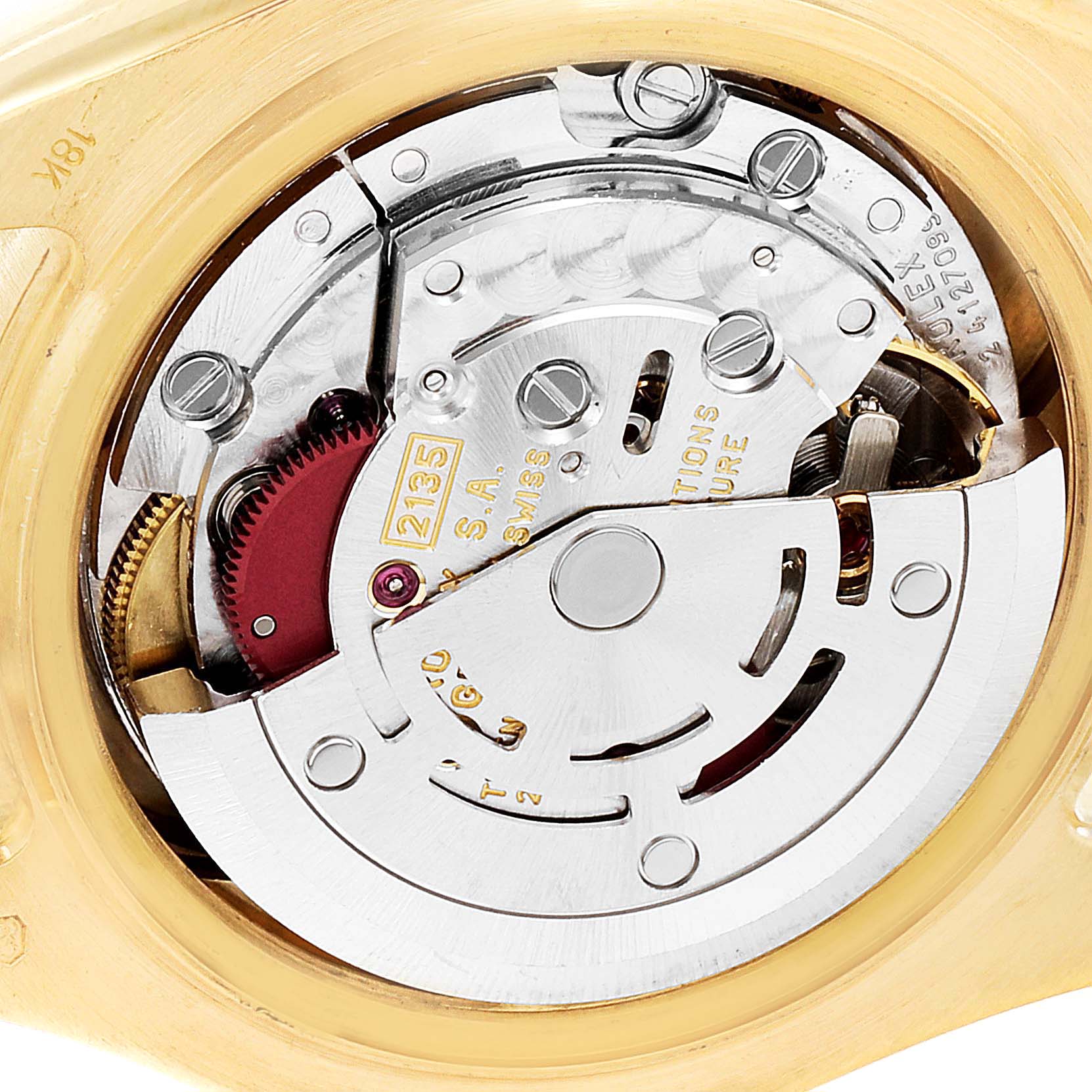 This image shows the internal mechanical movement of a Rolex Pearlmaster 69298 Women's Yellow Gold Mother of Pearl Dial 69298 Women's Yellow Gold Mother of Pearl Dial watch from a top-down angle.