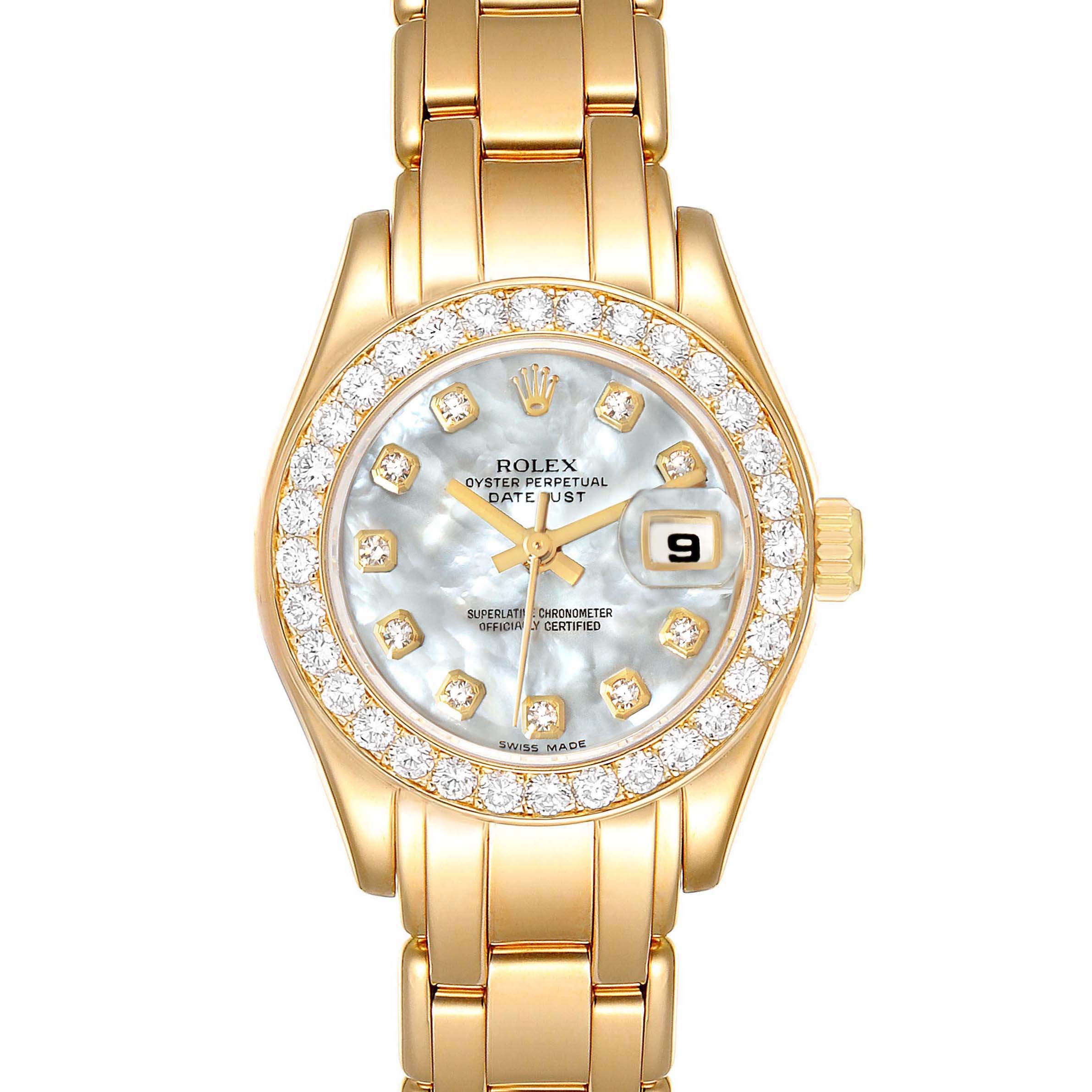 This image shows a frontal view of the Rolex Pearlmaster 69298 Women's Yellow Gold Mother of Pearl Dial 69298 Women's Yellow Gold Mother of Pearl Dial watch, displaying the watch face, bezel, and part of the bracelet.