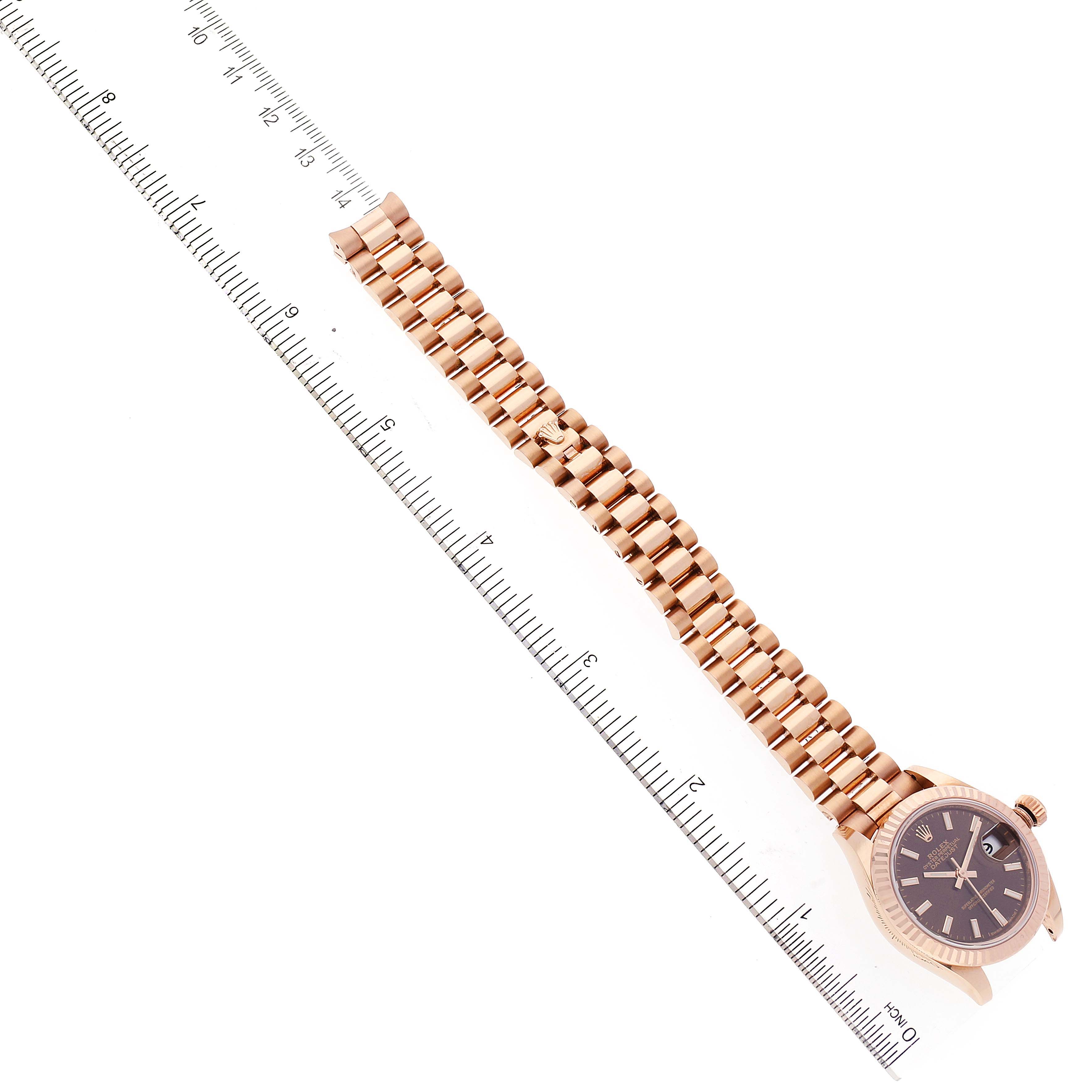 The image shows a Rolex President 279175 Women's Rose Gold Brown Dial 279175 Women's Rose Gold Brown Dial model watch, including the face, bracelet, and crown, with a ruler measuring its length.