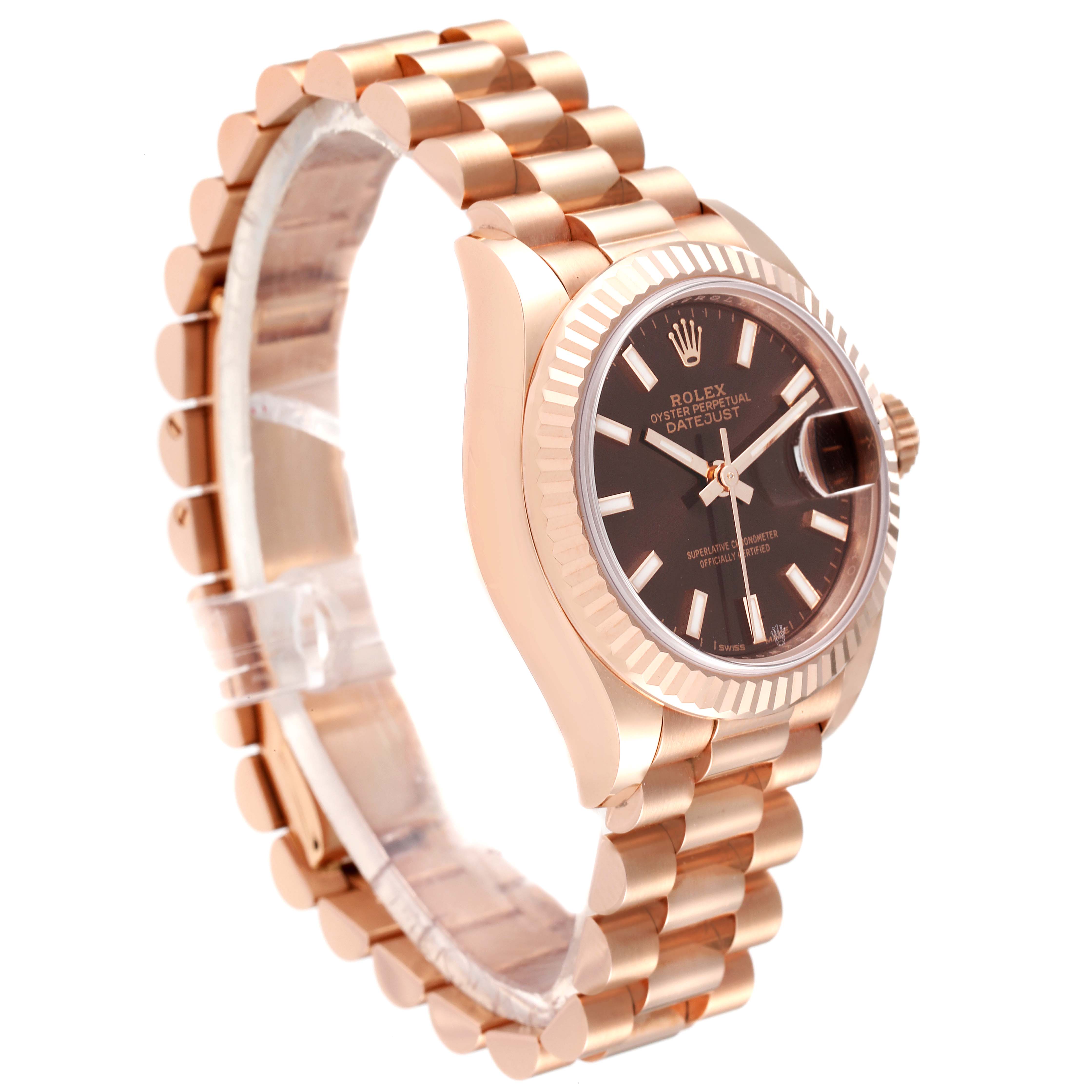 The Rolex President 279175 Women's Rose Gold Brown Dial 279175 Women's Rose Gold Brown Dial model watch is shown from a three-quarter angle, displaying the dial, bezel, and bracelet.