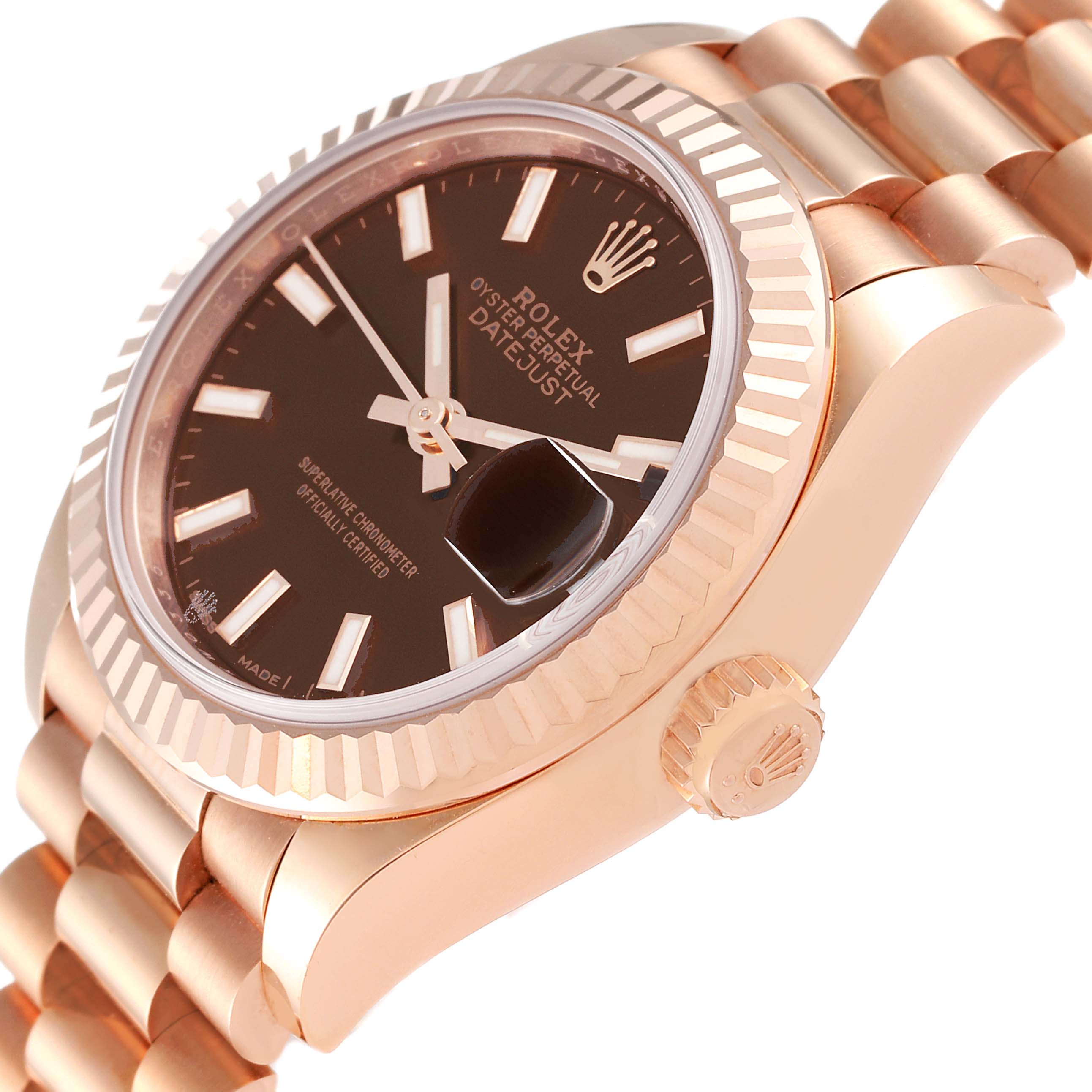 The image shows a close-up, angled view of a Rolex President 279175 Women's Rose Gold Brown Dial 279175 Women's Rose Gold Brown Dial model watch, highlighting the dial, bezel, crown, and part of the bracelet.