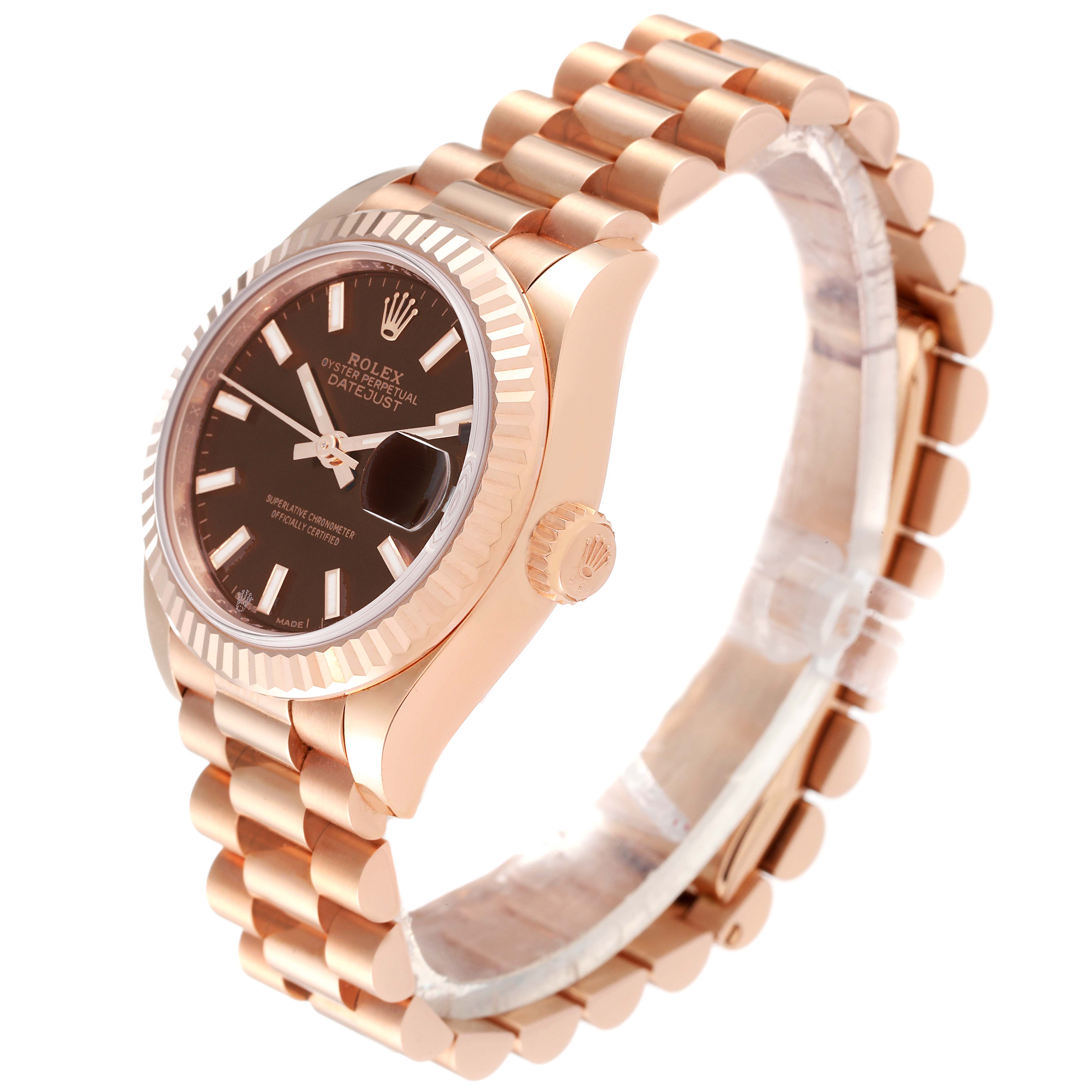 The image shows a side view of a Rolex President 279175 Women's Rose Gold Brown Dial 279175 Women's Rose Gold Brown Dial model, highlighting the watch face, fluted bezel, and bracelet.