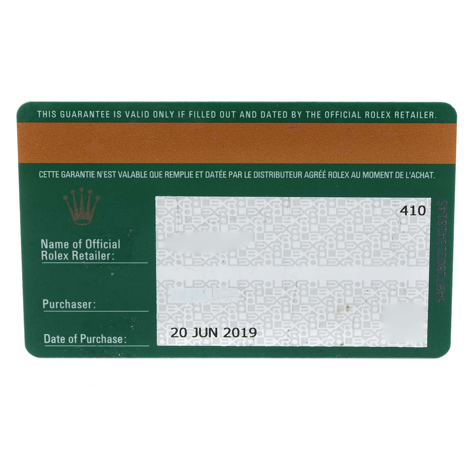 This image shows the guarantee card for the Rolex President 279175 Women's Rose Gold Brown Dial 279175 Women's Rose Gold Brown Dial model, including the official retailer, purchaser, and date of purchase.