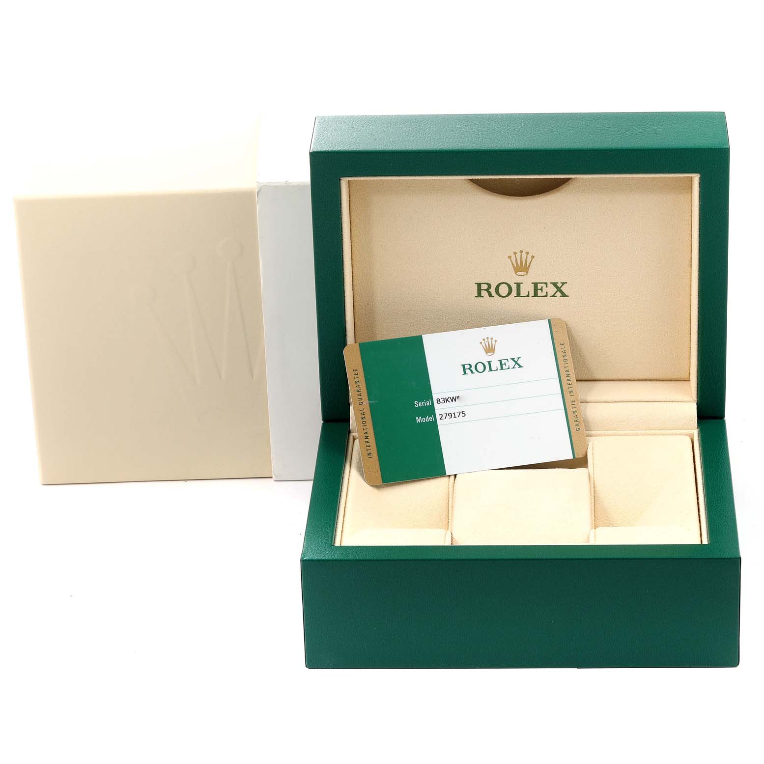 This image shows the open box and warranty card for the Rolex President 279175 Women's Rose Gold Brown Dial 279175 Women's Rose Gold Brown Dial model watch.