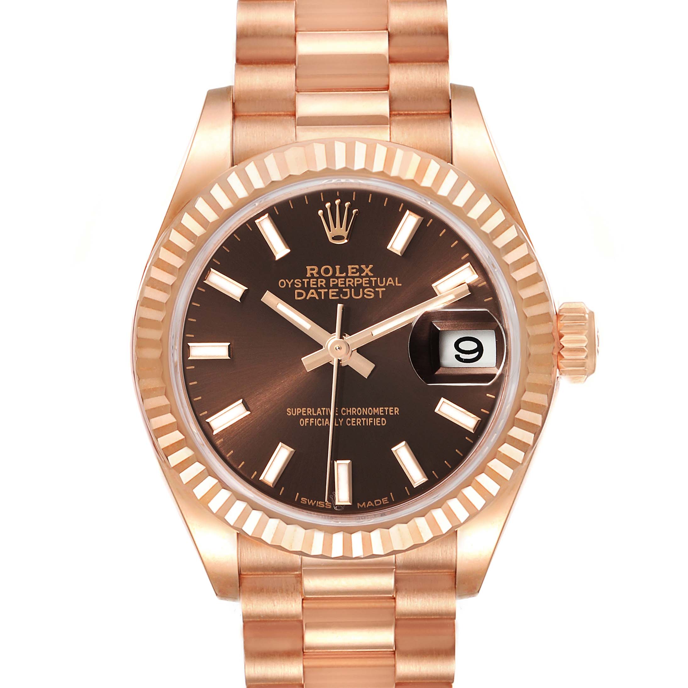 The image shows a front view of a Rolex President 279175 Women's Rose Gold Brown Dial 279175 Women's Rose Gold Brown Dial Datejust watch, highlighting the dial, bezel, and part of the bracelet.