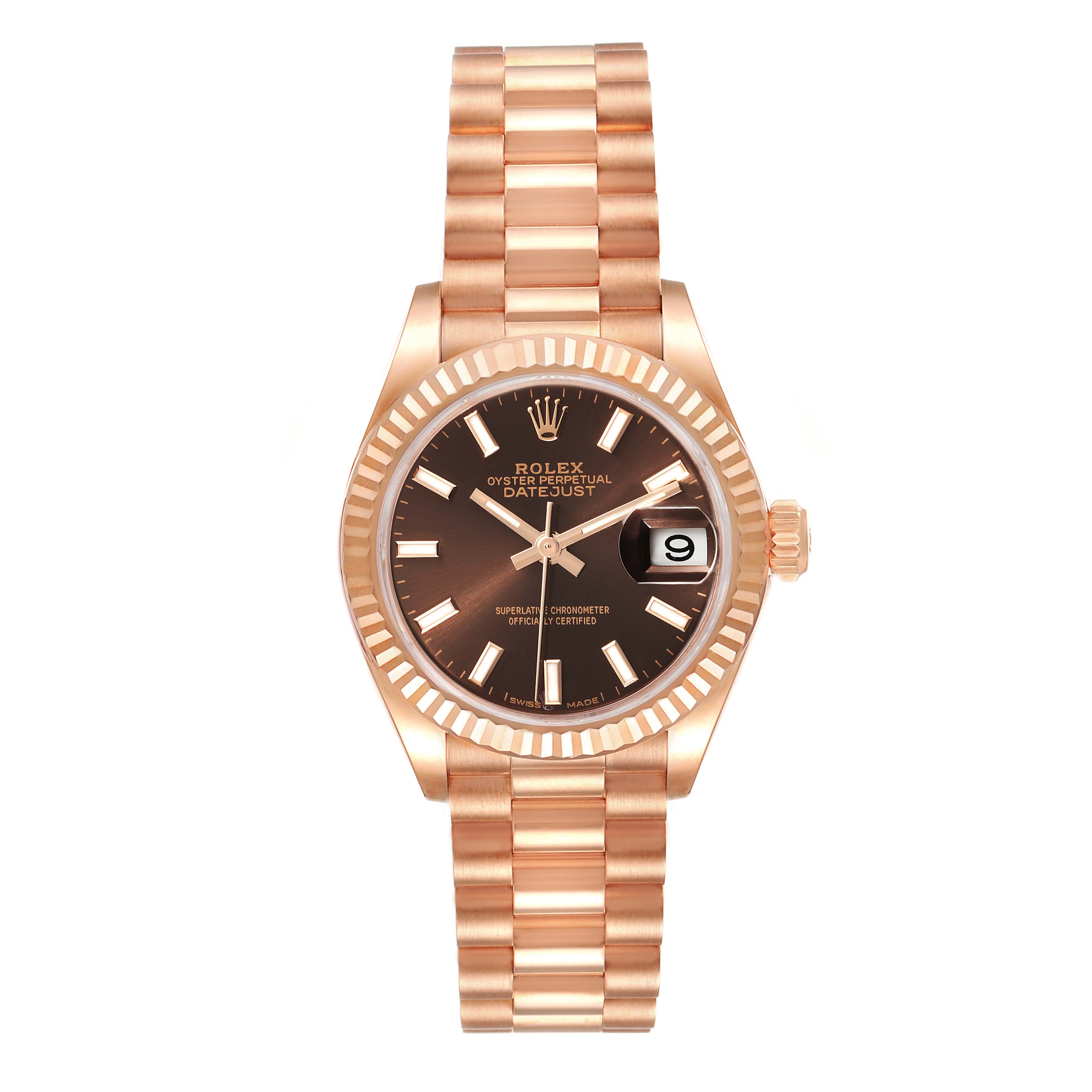 The image shows a front view of a Rolex President 279175 Women's Rose Gold Brown Dial 279175 Women's Rose Gold Brown Dial model watch, highlighting the dial, bezel, and bracelet.