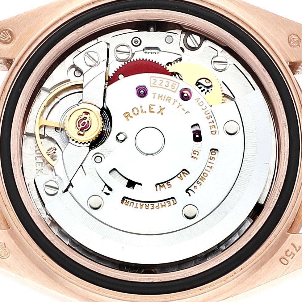 Close-up of the Rolex President 279175 Women's Rose Gold Brown Dial 279175 Women's Rose Gold Brown Dial model watch's movement, showcasing its intricate inner mechanisms.