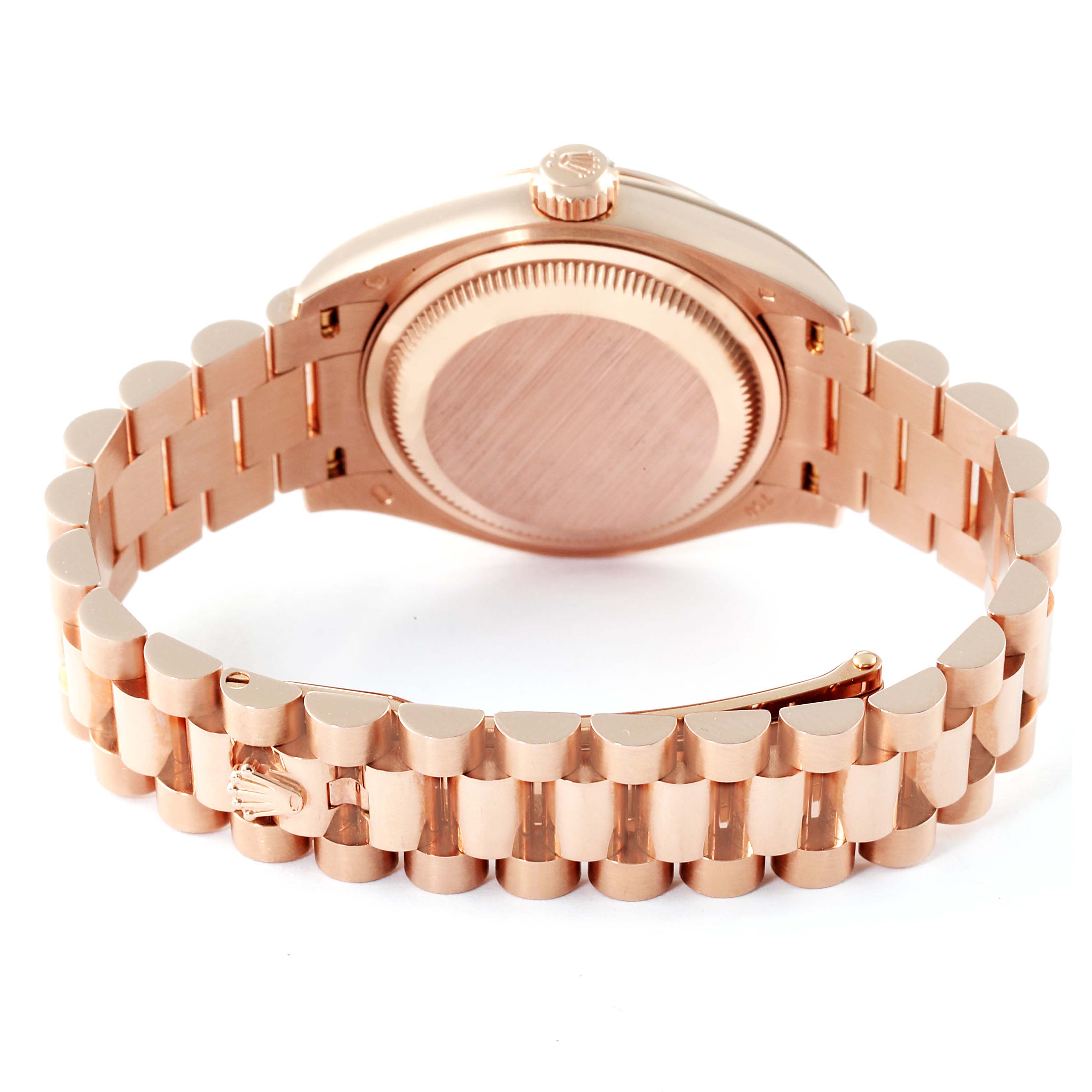 The image shows the back view and bracelet of a Rolex President 279175 Women's Rose Gold Brown Dial 279175 Women's Rose Gold Brown Dial model watch.