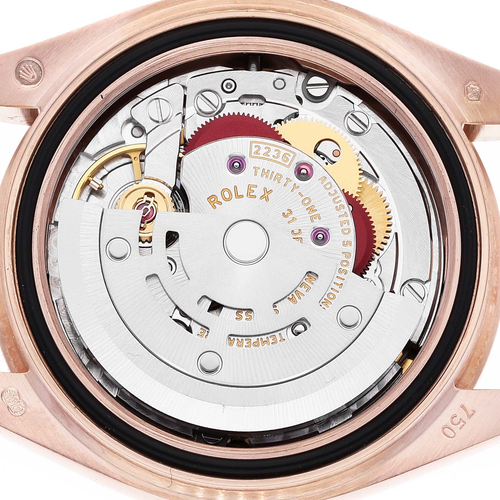 The image shows a close-up of the movement mechanism inside a Rolex President 279135 Women's Rose Gold Brown Dial 279135 Women's Rose Gold Brown Dial model watch, viewed from the back.