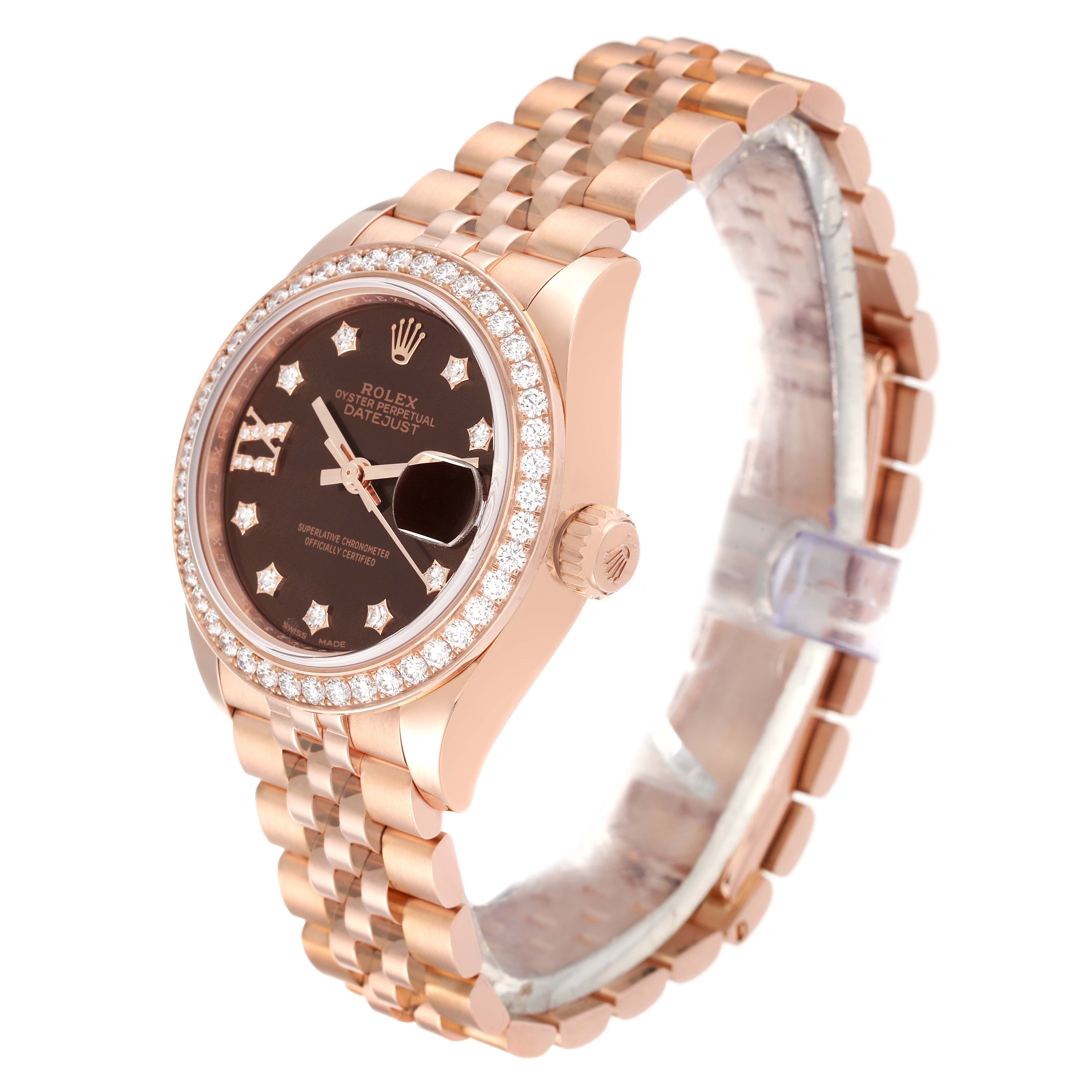 The image shows a side and front angle of a Rolex President 279135 Women's Rose Gold Brown Dial 279135 Women's Rose Gold Brown Dial model watch, highlighting its bezel, dial, and bracelet.