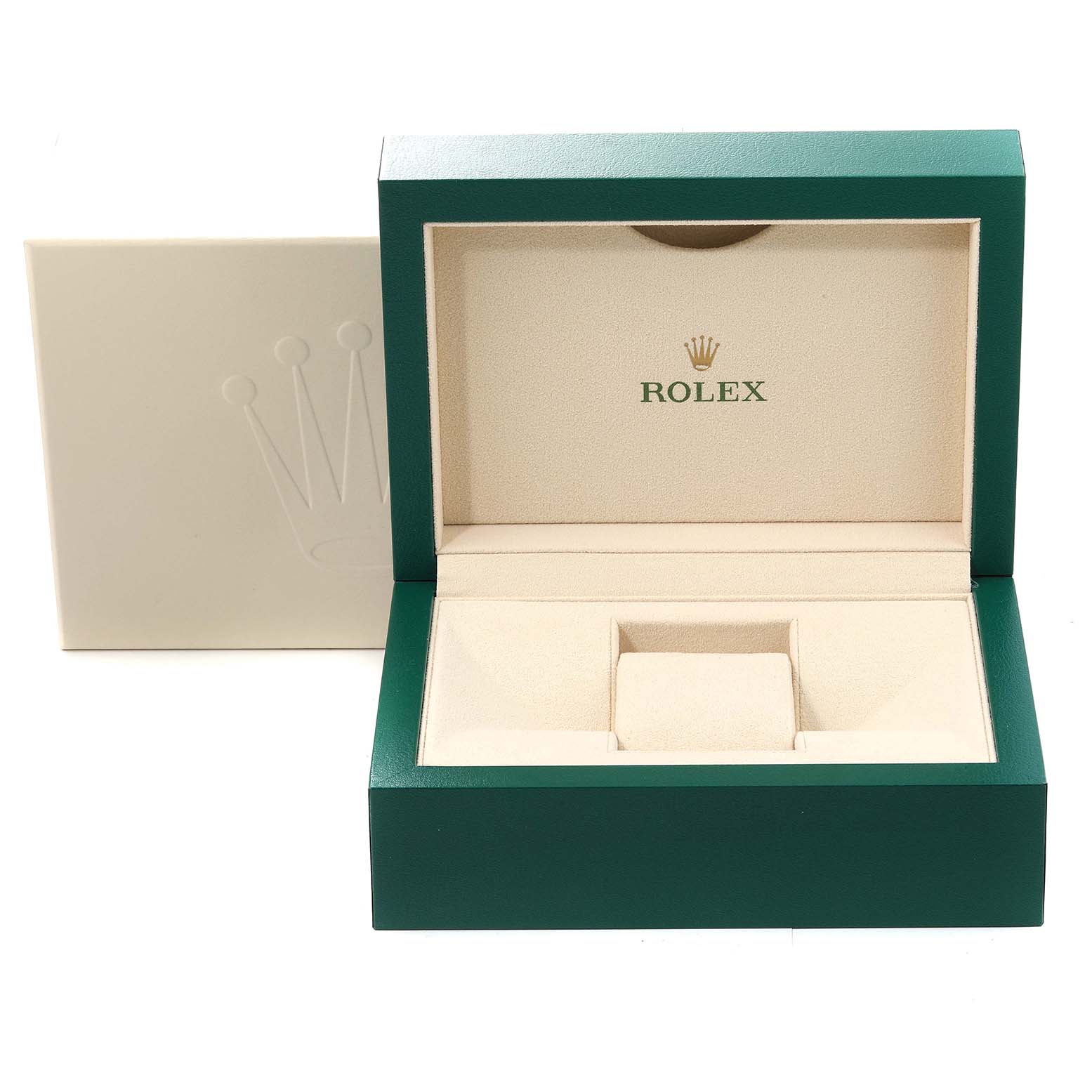The image shows a Rolex President 279135 Women's Rose Gold Brown Dial 279135 Women's Rose Gold Brown Dial model watch box with an open green and beige interior.