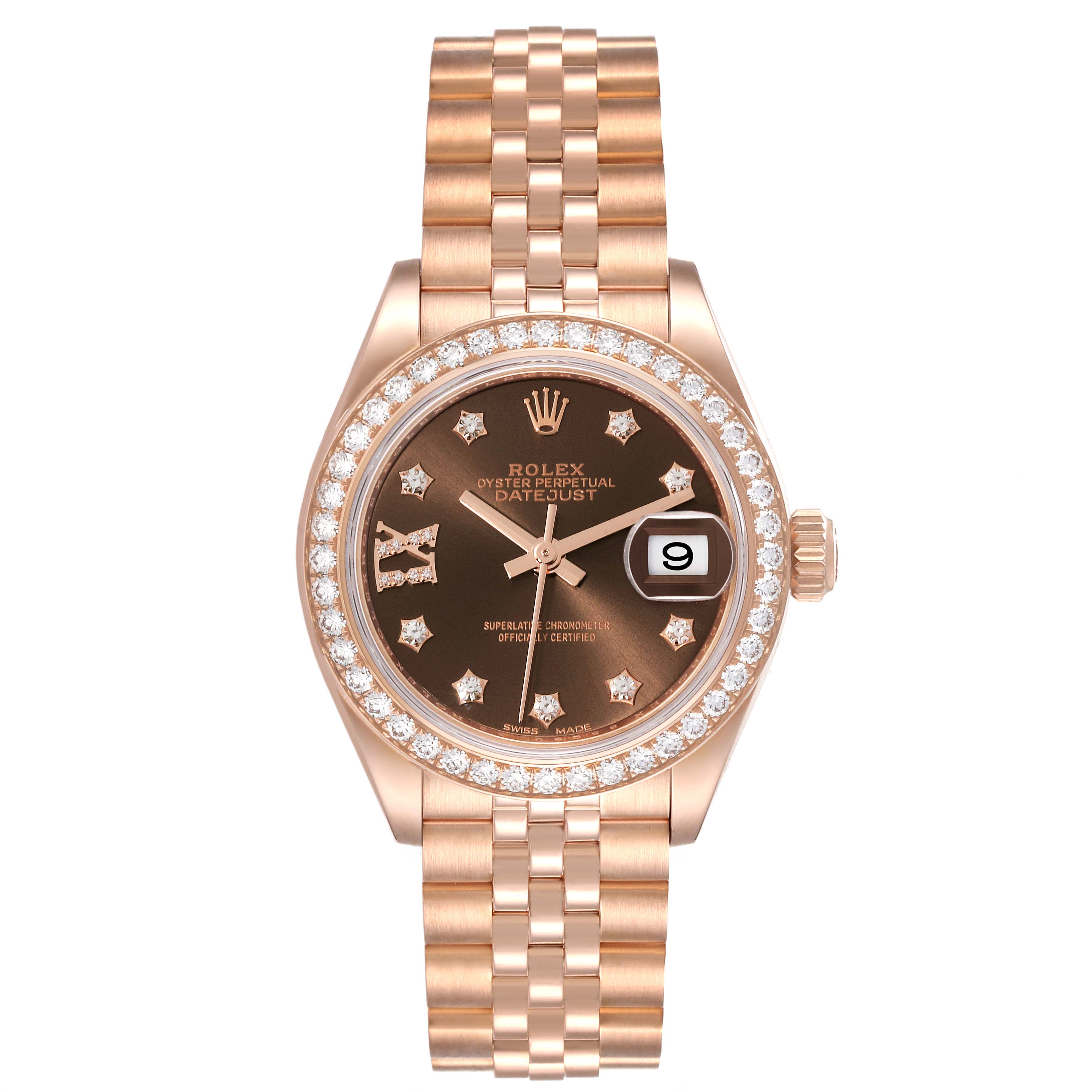 The image shows a front view of a Rolex President 279135 Women's Rose Gold Brown Dial 279135 Women's Rose Gold Brown Dial model watch, highlighting the dial, bezel, and bracelet.