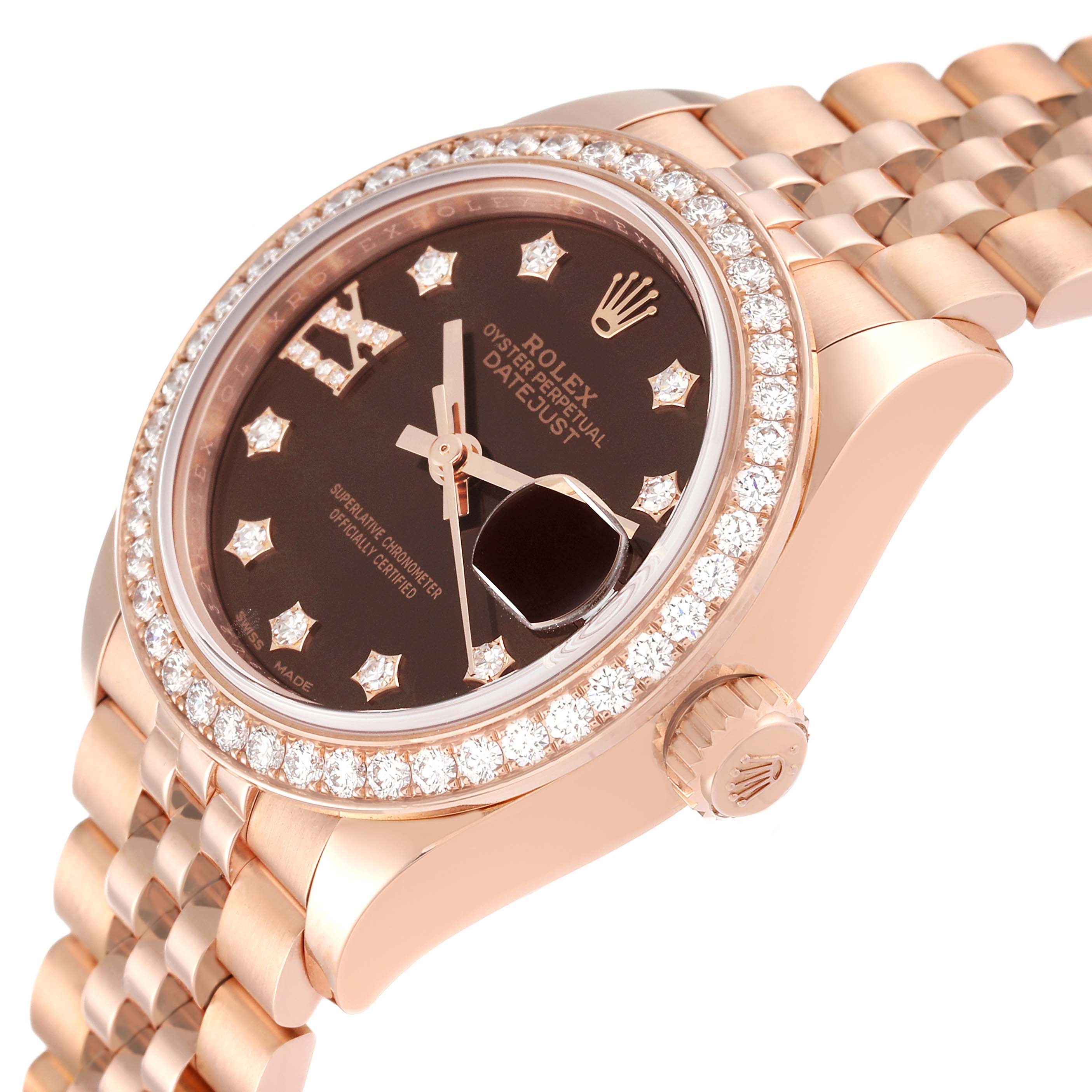 This image shows a close-up, angled view of the face and part of the bracelet of a Rolex President 279135 Women's Rose Gold Brown Dial 279135 Women's Rose Gold Brown Dial model watch.