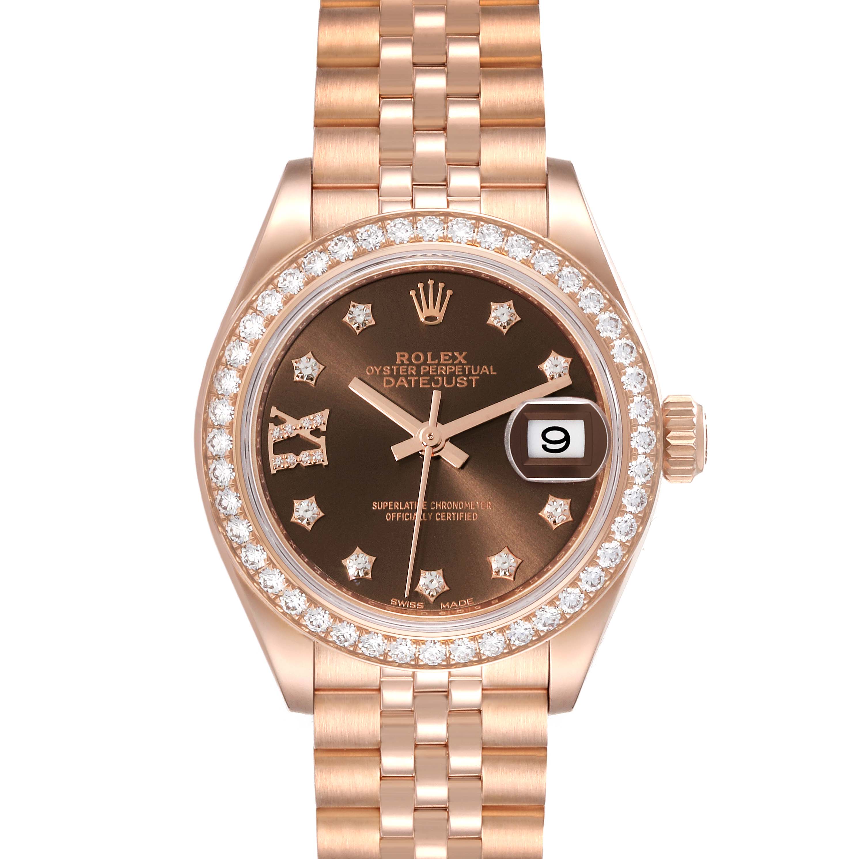 Rolex President 28 Rose Gold Chocolate Diamond Dial Ladies Watch 279135 ...