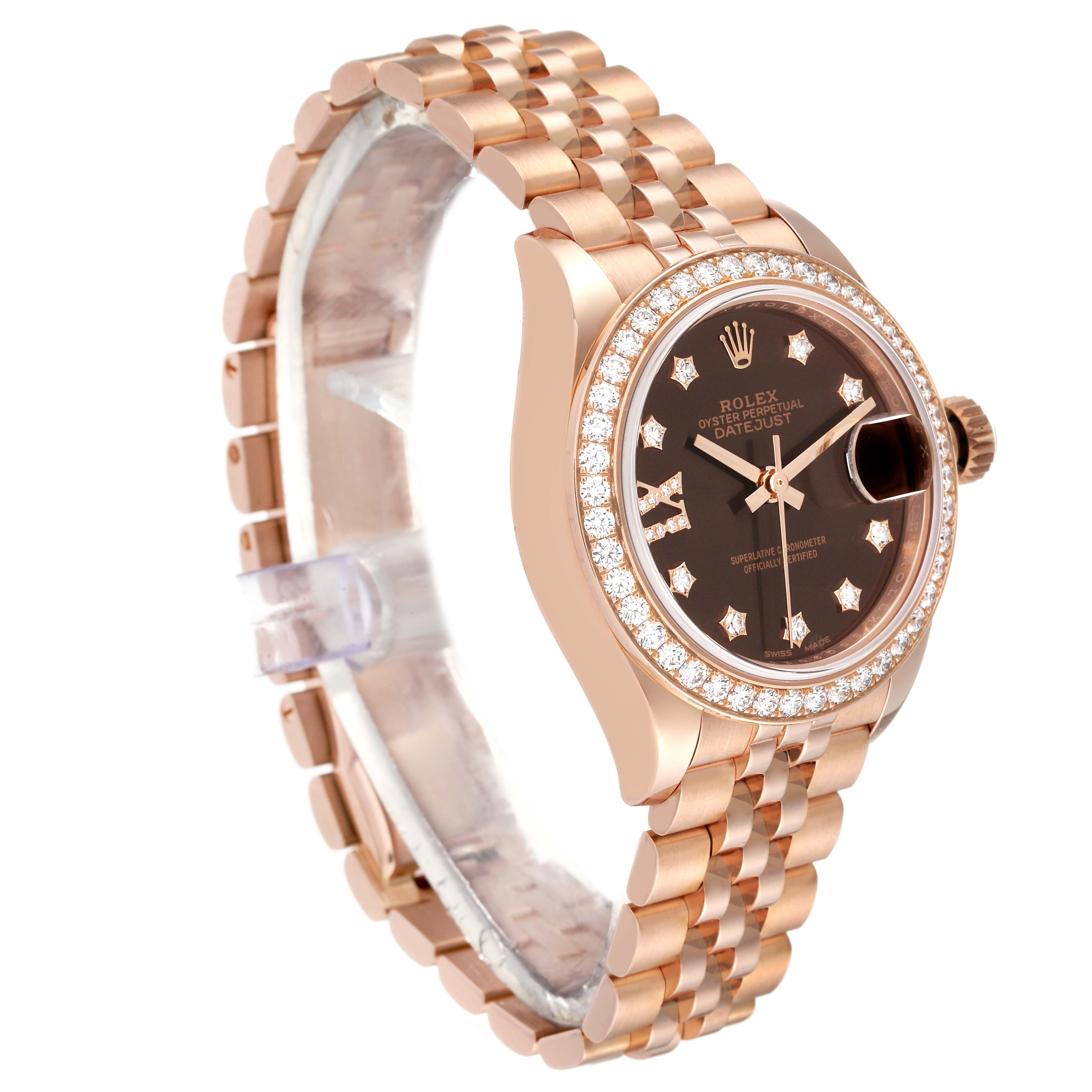 The image shows a side angle of the Rolex President 279135 Women's Rose Gold Brown Dial 279135 Women's Rose Gold Brown Dial model watch, highlighting its band, bezel, and face.