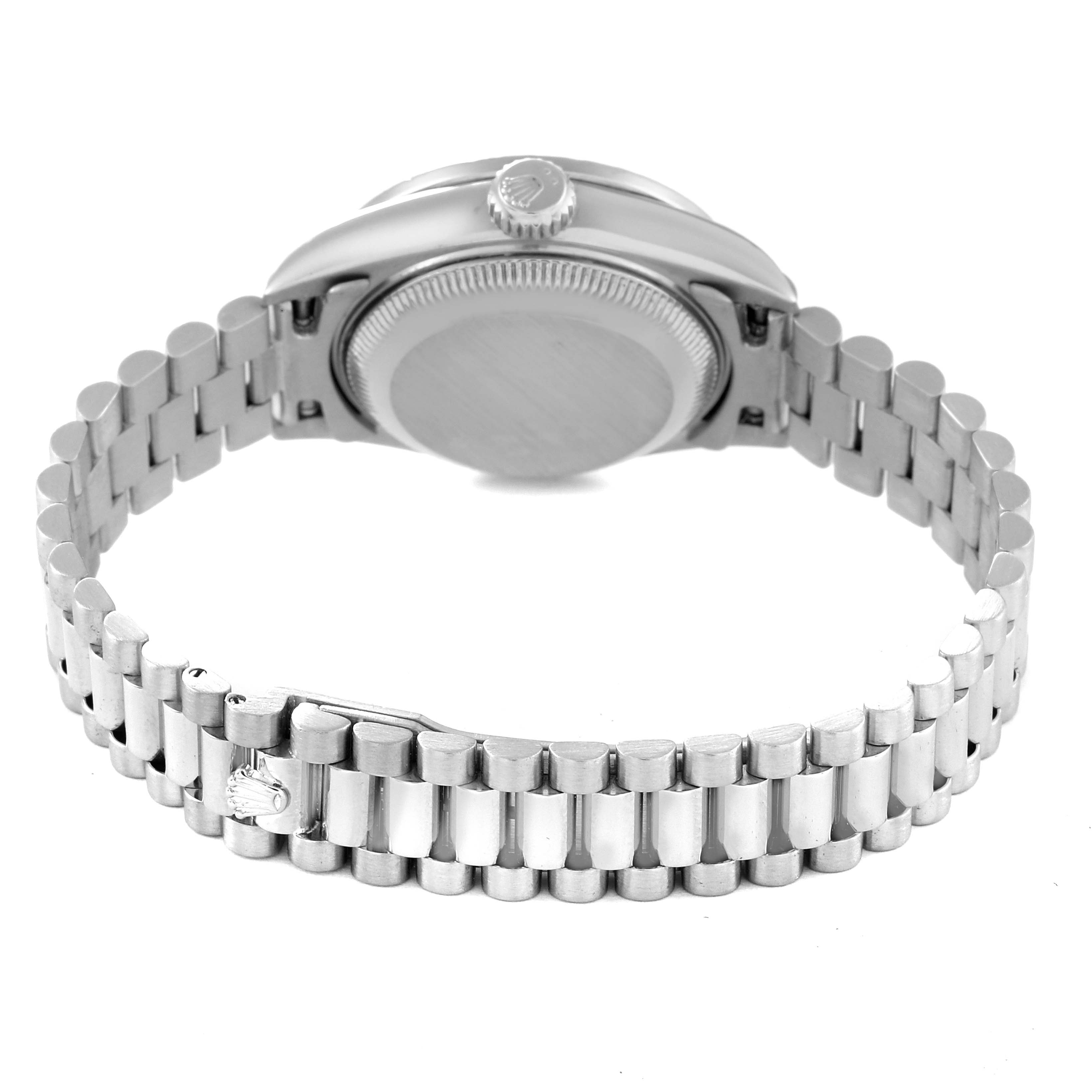 This image shows the back view of a Rolex President 69159 Women's White Gold Silver Dial 69159 Women's White Gold Silver Dial model watch, highlighting the case back and the linked bracelet.