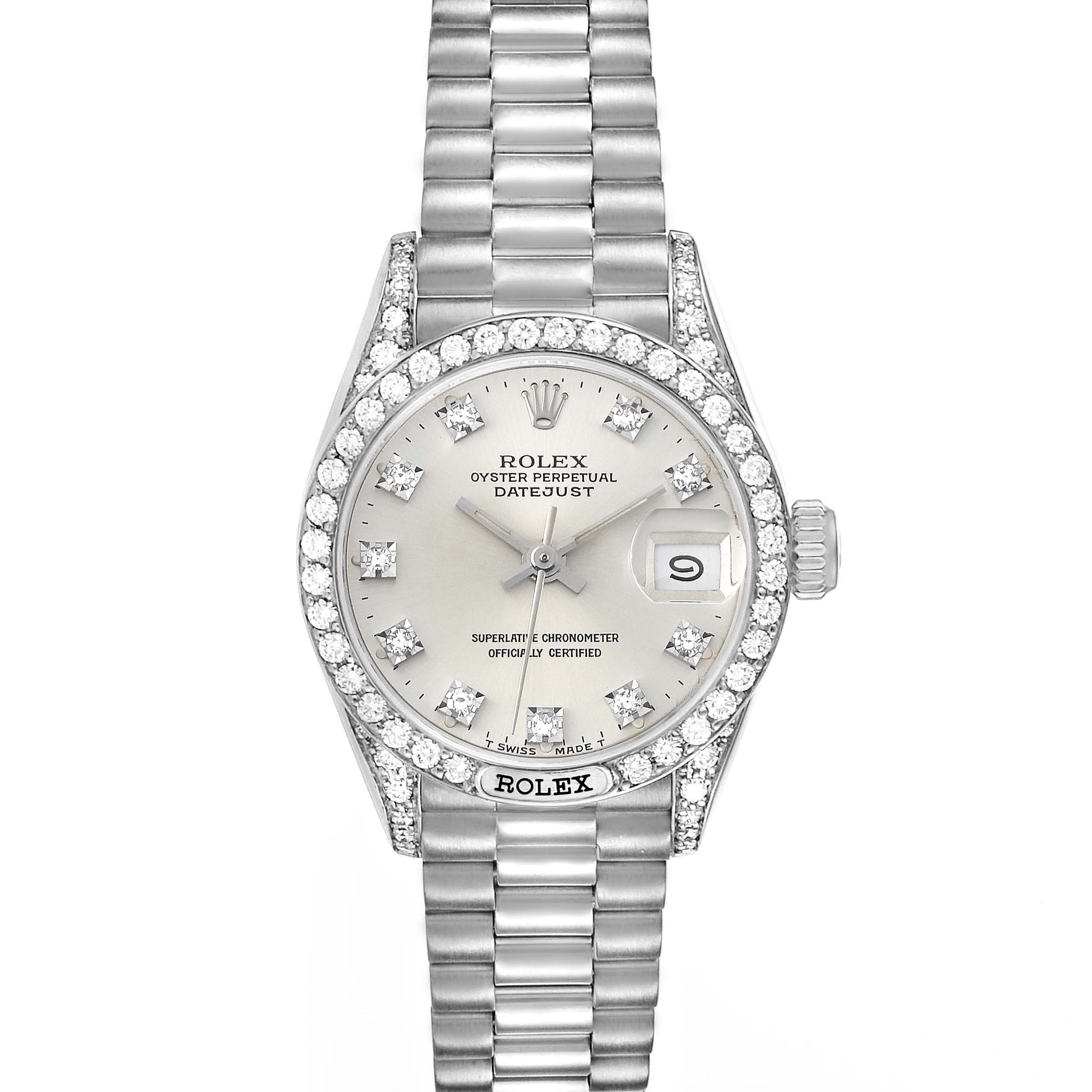 The image shows a frontal view of a Rolex President 69159 Women's White Gold Silver Dial 69159 Women's White Gold Silver Dial model watch, highlighting its dial, bezel, and bracelet.